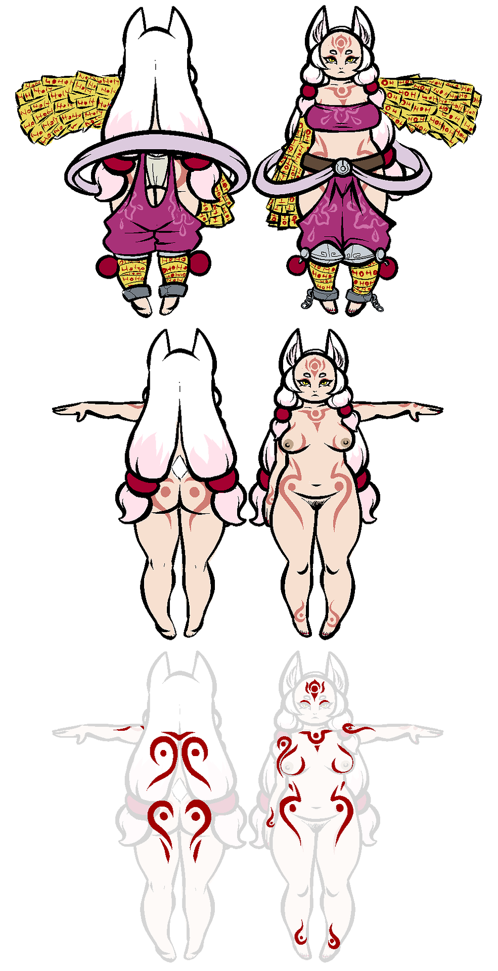 animal_ears ass bangs barefoot belt breasts breasts_apart butt_crack concept_art dark_nipples daspyorno detached_sleeves female fox_ears greaves highres huge_ass kayo_(pyorno) kitsune long_hair nail_polish navel nipples nude ofuda original plump pubic_hair shackles sleeves slit_pupils tattoo thick_thighs thighs tied_hair tubetop twintails very_long_hair white_background white_hair yellow_eyes