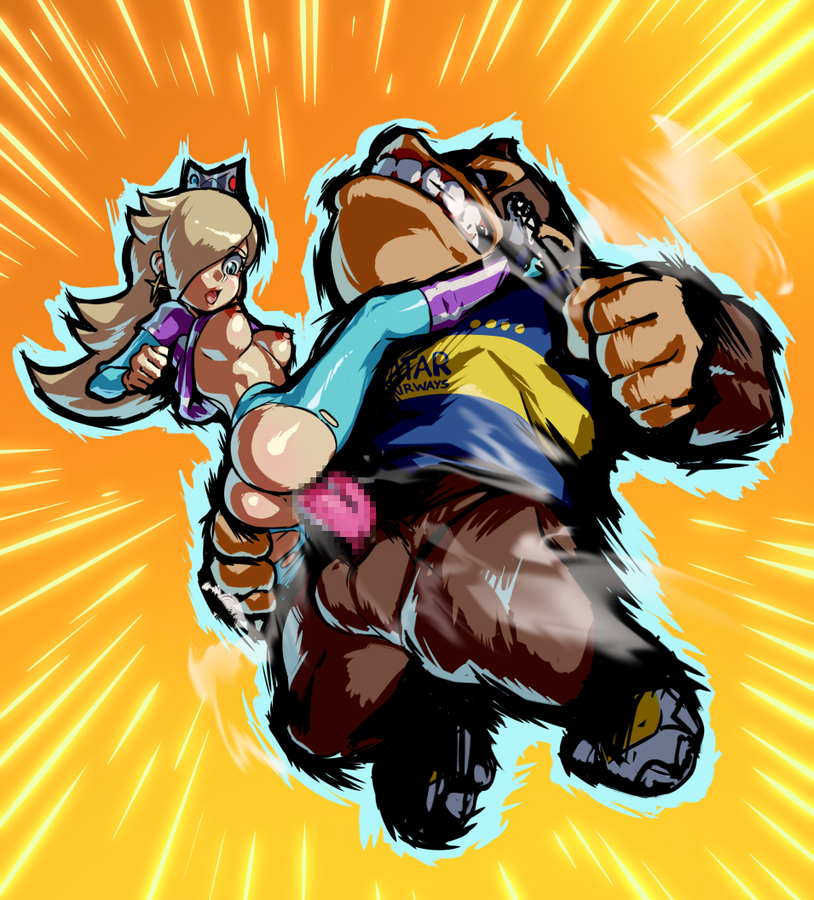 :o, 1boy, 2022, 20s, ape, ass, ass crack, balls, blue eyes, blue footwear, blue outline, blue shirt, blue sleeves, blue socks, blush, bottomless, breasts, breath, brown fur, butt crack, carrying, censored, clenched hand, clenched teeth, clothed sex, clothes lift, clothes writing, crown, donkey kong, donkey kong (series), earrings, emphasis lines, erection, eyelashes, female, from side, full body, fur, gorilla, hair over one eye, head back, jcm2, jersey, jewelry, kneehighs, layered sleeves, leg up, lips, long hair, long sleeves, looking down, male, mario (series), mario strikers, mario strikers (series), mario strikers: battle league, medium breasts, midair, mosaic censoring, nintendo, nipples, open mouth, orange background, outline, pantyhose, penis, perky breasts, platinum blonde hair, princess rosalina, purple shirt, purple socks, pussy, rosalina, sex, shiny clothes, shiny skin, shirt, shirt lift, short over long sleeves, short sleeves, size difference, skin tight, soccer uniform, socks, sportswear, star (symbol), steam, steaming body, straight, striped clothes, striped shirt, striped socks, tagme, teeth, testicles, thigh grab, thighs, torn clothes, torn legwear, upright straddle, vaginal penetration, yellow shirt, zoophilia