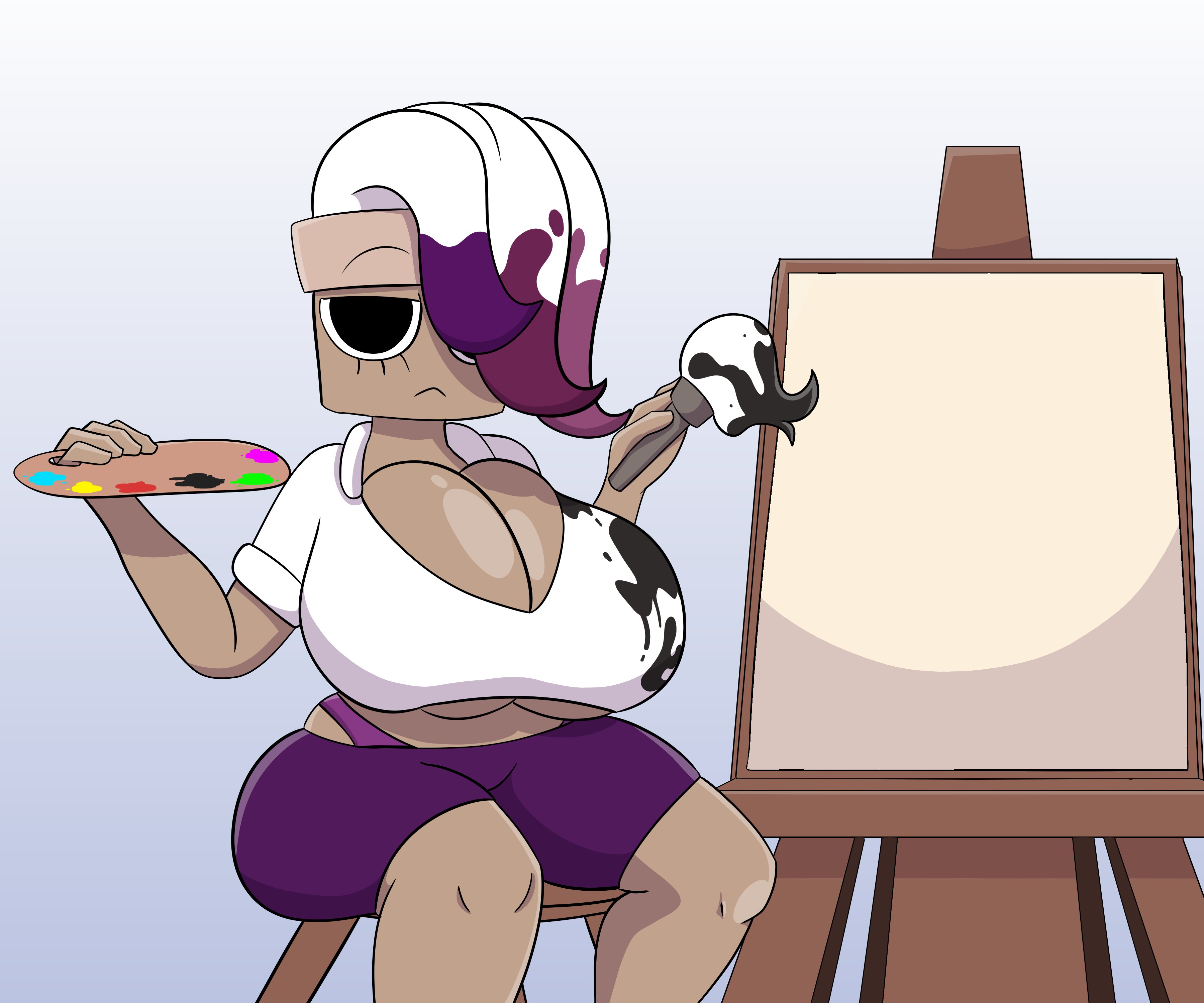 1girls, anthro, big breasts, breasts, brush, brusha (dandy's world), canvas, dandy's world, dandys world, eye covered, female, hair over one eye, kyle5021, looking at viewer, paint, paint brush, paint palette, paint stains, painting, roblox, roblox game, shorts, sitting, small ass, stained shirt
