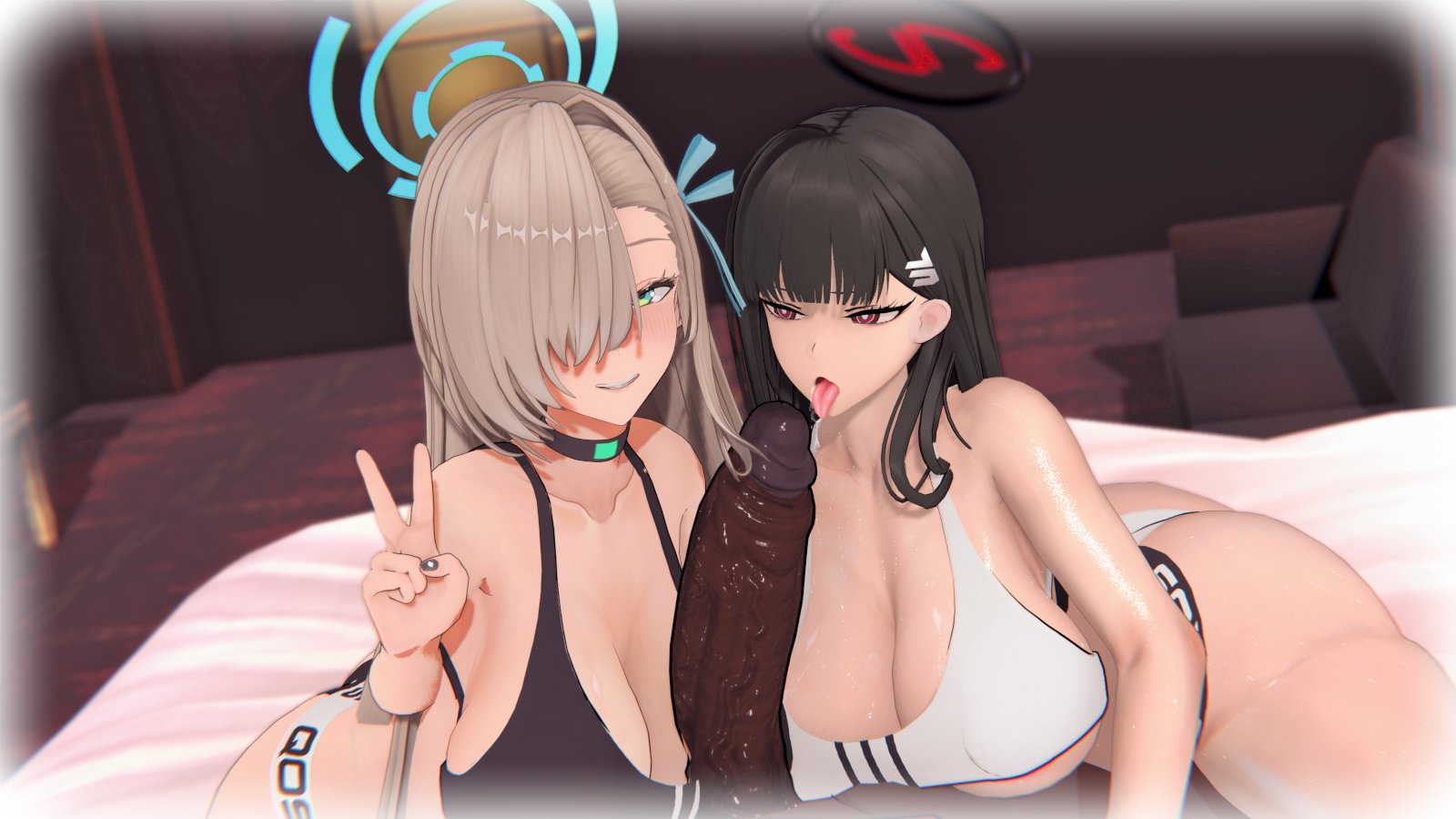 1boy, 2girls, 3d, areolae slip, asuna (blue archive), belly button, black hair, blonde hair, blue archive, blue eye, bra, breasts, bull pov, cleaning & clearing (blue archive), cleavage, cuckolding, dark skin, dark-skinned male, female, ffm threesome, halo, huge breasts, huge cock, imminent fellatio, koikatsu, light skin, light-skinned female, looking at viewer, male, male pov, millennium science school student, numbersguy, open mouth, penis, pov, qos clothing, queen of spades, red eyes, rio (blue archive), seminar (blue archive), sports bra, threesome, tongue, tongue out, v