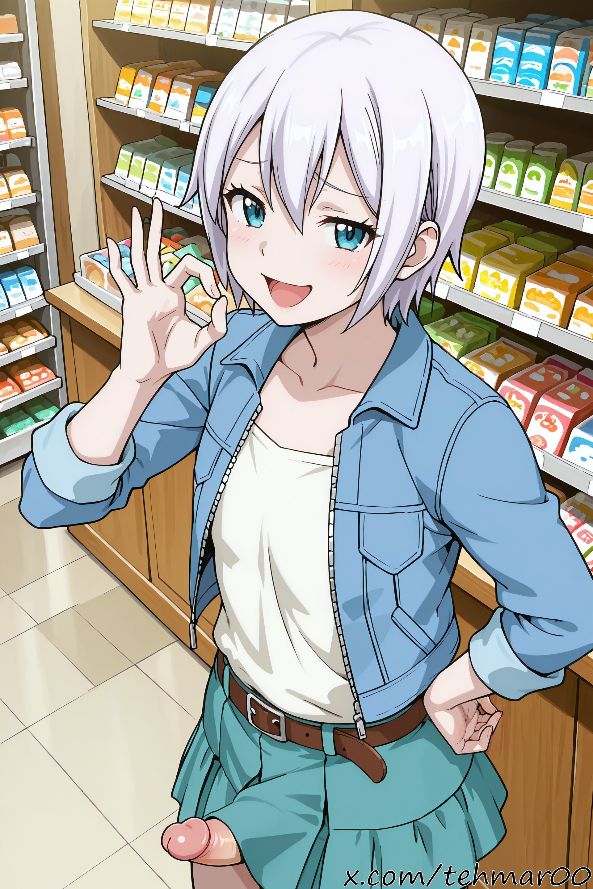 1boy, ai generated, belt, blue eyes, blush, collarbone, erection, fairy tail, fellatio gesture, femboy, futanari, genderswap (ftm), hand on hip, jacket, lisanna strauss, looking at viewer, male, open mouth, penis, penis under skirt, rule 63, shirt, shop, short hair, skirt, smile, smug, solo, tagme, tehmar, trans woman, transfem, trap, white shirt