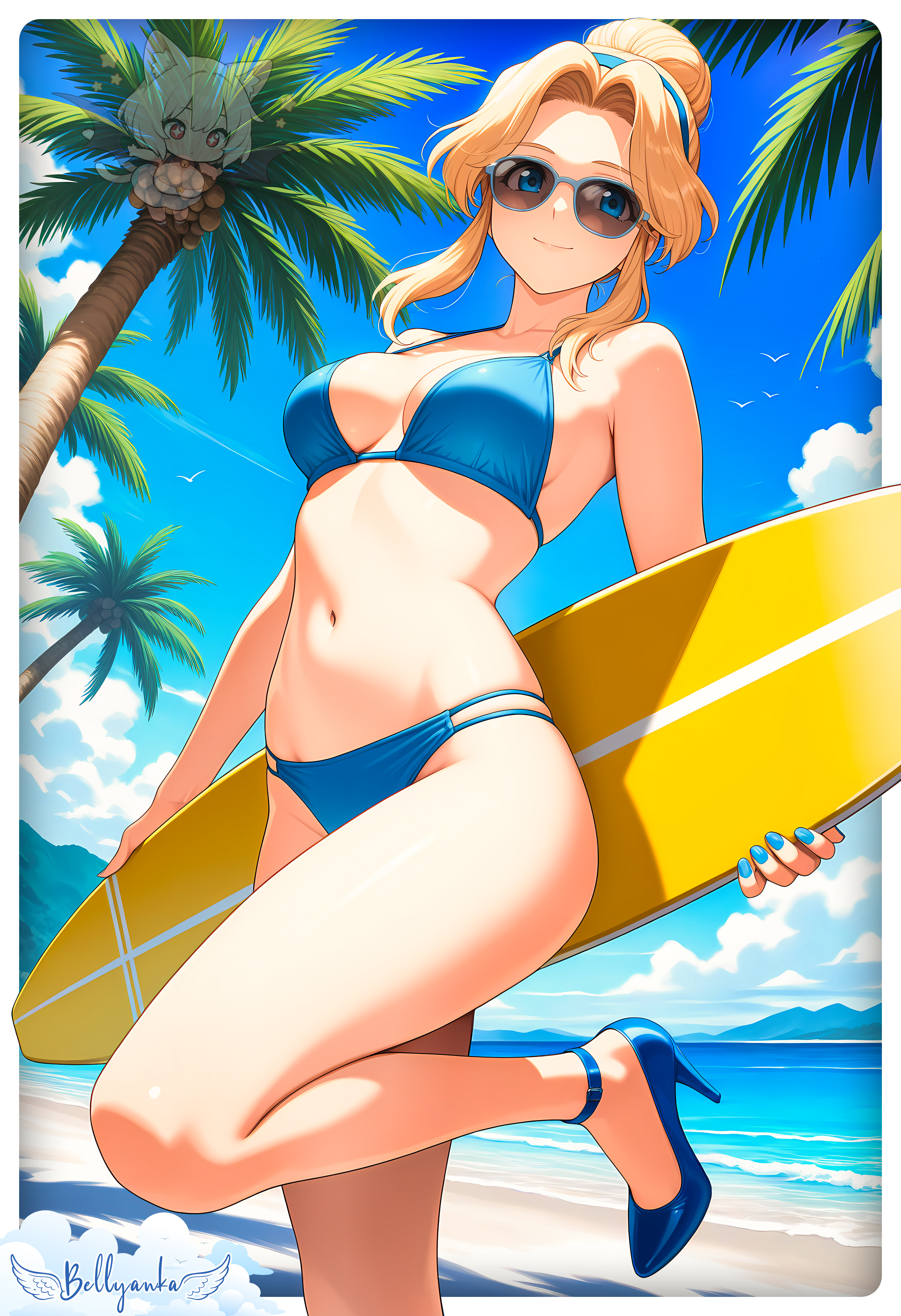 2025, ai generated, beach background, bellyanka, blonde female, blonde ponytail, blonde-haired female, blue bikini, deviantart, female, female only, high heels, holding surfboard, looking at viewer, maria robotnik, sega, smile at viewer, smiling at viewer, sonic (series), sonic the hedgehog (series), surfer girl