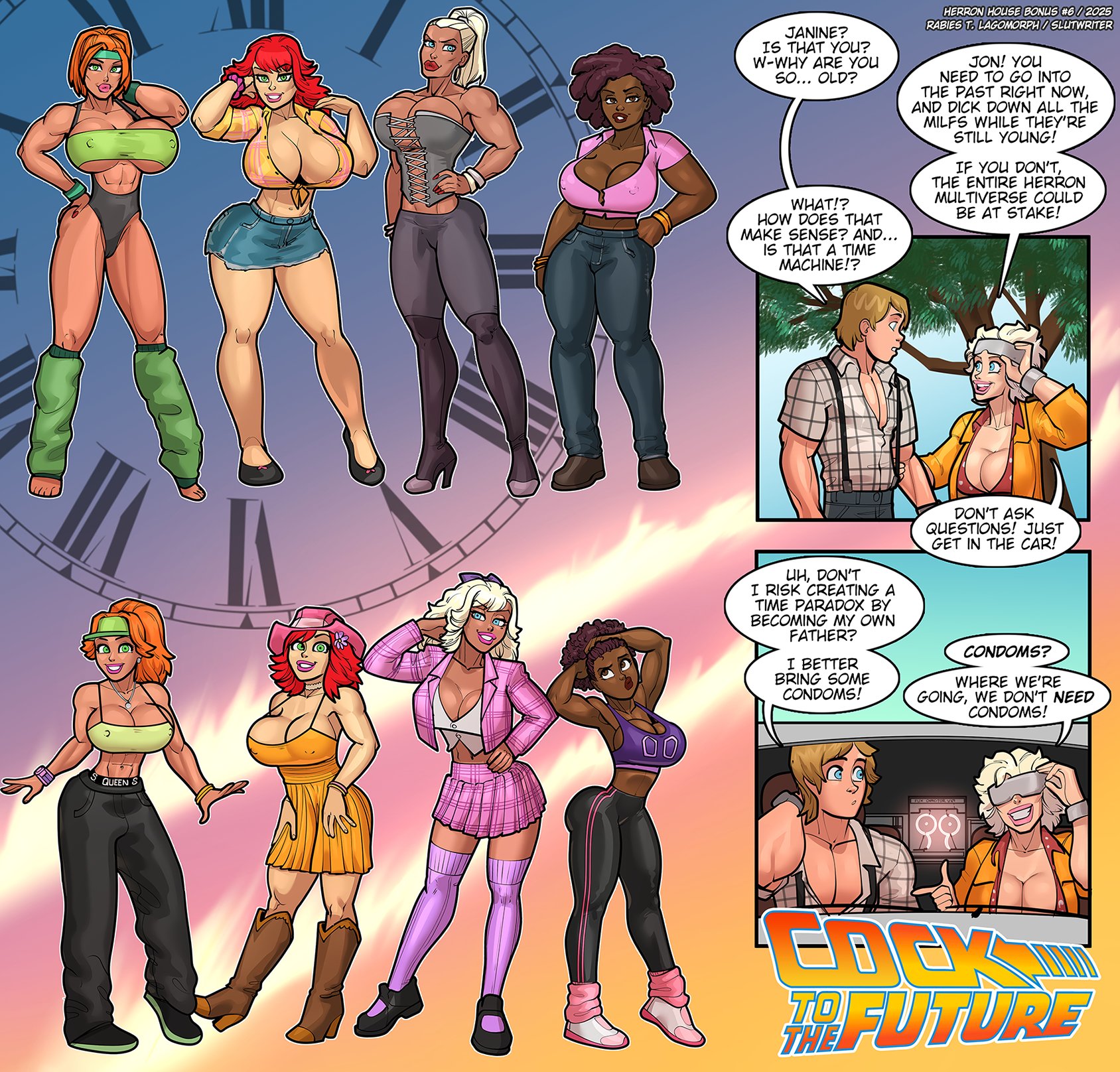 1boy, 5girls, age difference, aged down, back to the future, barefoot, big ass, big breasts, big thighs, bimbo, breasts, comic, curvaceous, curvy, curvy figure, dark skin, dark-skinned female, digital media (artwork), duplicate, english text, female, fixed version, genderswap, herron house (series), hips, hourglass figure, huge ass, huge breasts, huge thighs, jane herron, janine herron, jon herron, kiera kite, large ass, large breasts, large thighs, laura reed, legs, light skin, light-skinned female, light-skinned male, male, male/female, mature, mature female, mature male, milf, multiple females, multiple girls, older female, parody, parody comic, parody porn, rabies-t-lagomorph, redhead, slim waist, slutwr1ter, story, straight, text, thick, thick hips, thick legs, thick thighs, thighs, veronica herron, voluptuous, waist, wide hips, wide thighs, younger female, younger male