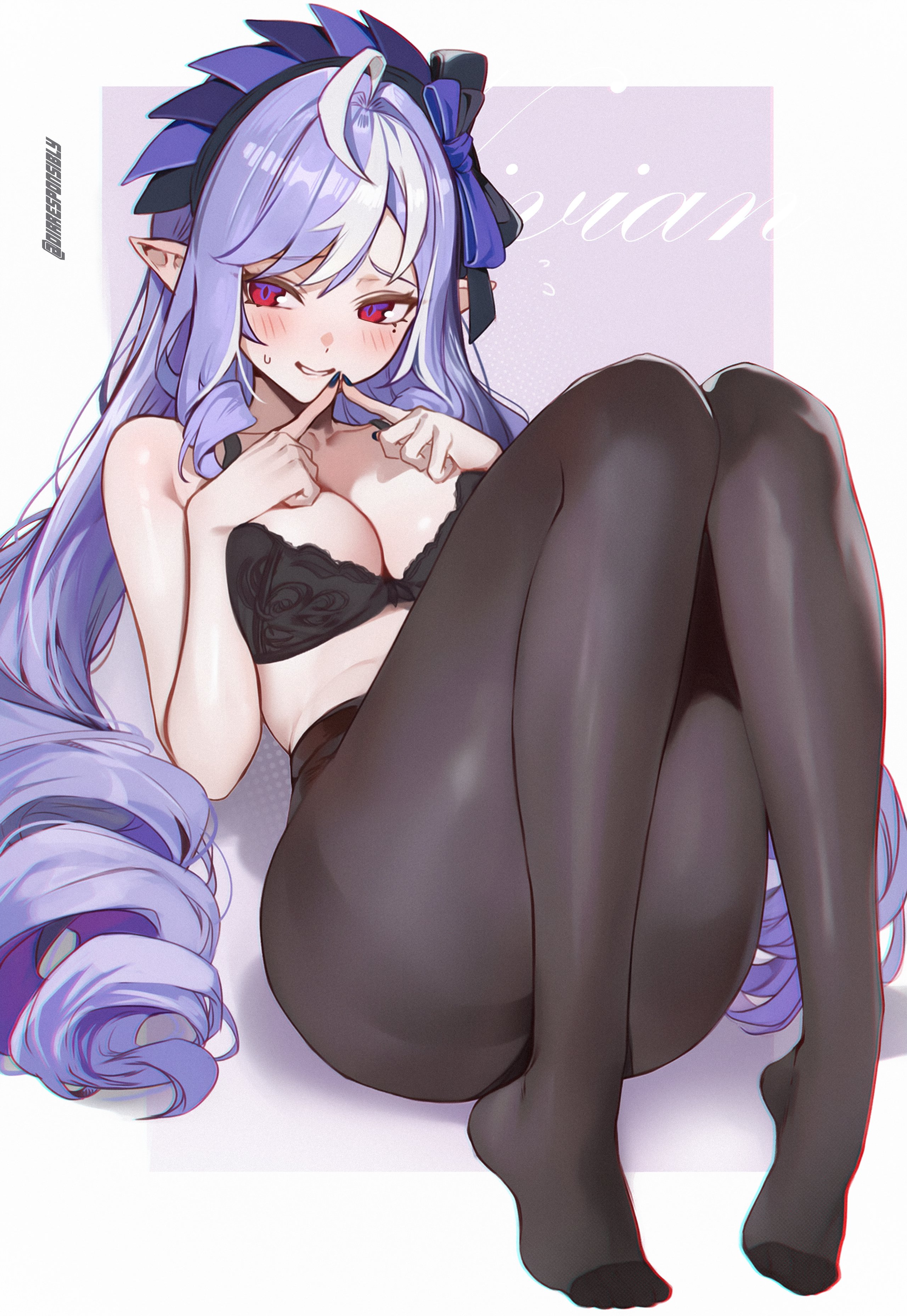 1girls, ai generated, black lingerie, breasts, dirresponsibly, exposed breasts, female, hoyoverse, legs, lingerie, long hair, mihoyo, pantyhose, purple hair, red eyes, vivian (zenless zone zero), vivian banshee, zenless zone zero