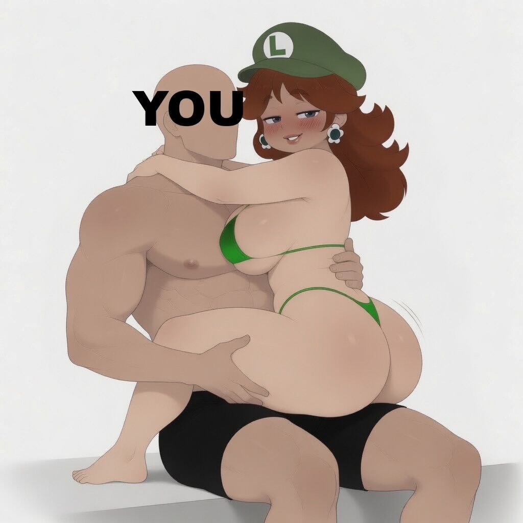 1boy, 1girls, big ass, big breasts, bikini, cheating, cheating girlfriend, faceless male, female, godilovebutts, luigi (cosplay), male, male/female, mario (series), massive ass, nintendo, princess daisy, tagme