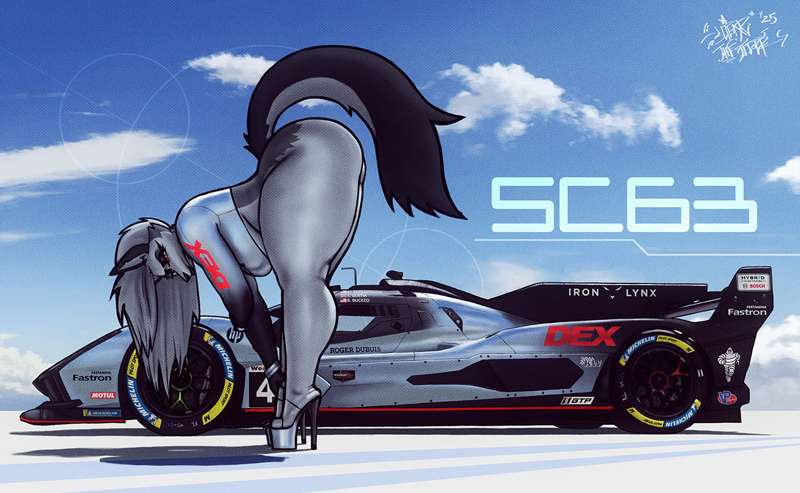 1girls, 5c63, big ass, big butt, car, duplicate, female, furry, hellhound, helluva boss, high heels, hypercar, iron lynx, loona (helluva boss), racing suit, sligarthetiger, sports car, vivziepop, white hair, wide hips, wolf girl, world endurance championship