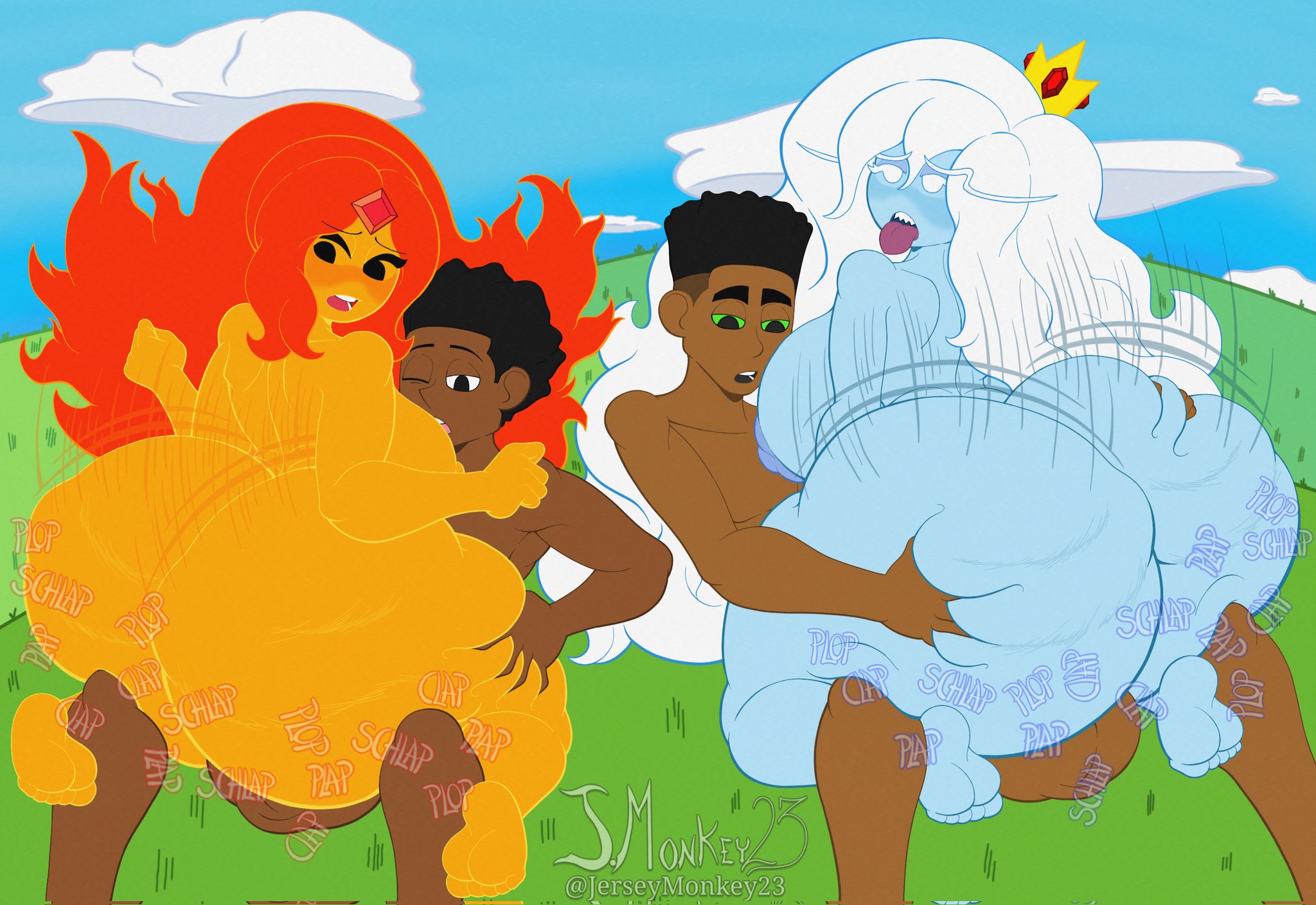 2boys, 2girls, adventure time, areolae, ass, ass grab, ass jiggle, ass waves, balls, barefoot, big ass, big balls, big breasts, black eyes, blue skin, blush, breasts, brown body, cartoon network, cowgirl position, crown, dark skin, dark-skinned male, exhibitionism, feet, female, fire elemental, fire hair, flame princess, grass, green eyes, huge ass, humanoid, ice queen (adventure time), interspecies, j.monkey23, long hair, male, male/female, nipples, nude, nude female, outside, plap, rico oz (j.monkey23), sex, sharp teeth, sideboob, soles, thighs, toes, tongue, tongue out, white ears, white hair, wide hips, zack (zrfurious), zrfurious