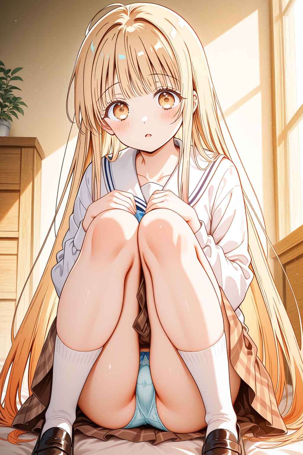 1girls, adorable, ai generated, blonde hair, blush, blusti, breasts, brown eyes, cute, female, looking at viewer, medium breasts, naked female, otonari no tenshi-sama ni itsu no mani ka dame ningen ni sarete ita ken, panties, seductive, seductive look, seductive smile, shiina mahiru, skirt, skirt up, the angel next door spoils me rotten