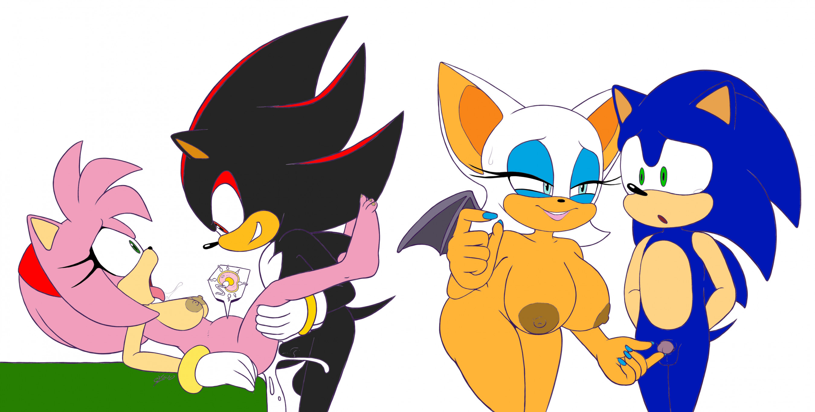 2023, accessory, amy rose, anthro, balls, bat, big breasts, black nose, blush, bodily fluids, bracelet, breasts, chiropteran, clothing, color, color edit, colored, cuckold, cum, cum in pussy, cum inside, cum splatter, digital media (artwork), eulipotyphlan, excito, eye contact, eyelashes, female, genital fluids, genitals, gloves, group, hair accessory, hairband, half-closed eyes, hands behind back, handwear, hedgehog, huge breasts, humiliation, impregnation, interspecies, jewelry, leaning, leaning forward, leg grab, looking at another, lying, male, male/female, mammal, membrane (anatomy), membranous wings, narrowed eyes, nude, on back, open mouth, ovum, penetration, penile, penile penetration, penis, penis in pussy, pinching gesture, pussy, robinebra, rouge the bat, saliva, sega, sex, shadow the hedgehog, simple background, small penis, small penis humiliation, sonic (series), sonic the hedgehog, sonic the hedgehog (series), sperm cell, standing, straight, sweat, table lotus position, third-party edit, tongue, tongue out, vaginal penetration, white background, wide eyed, wings