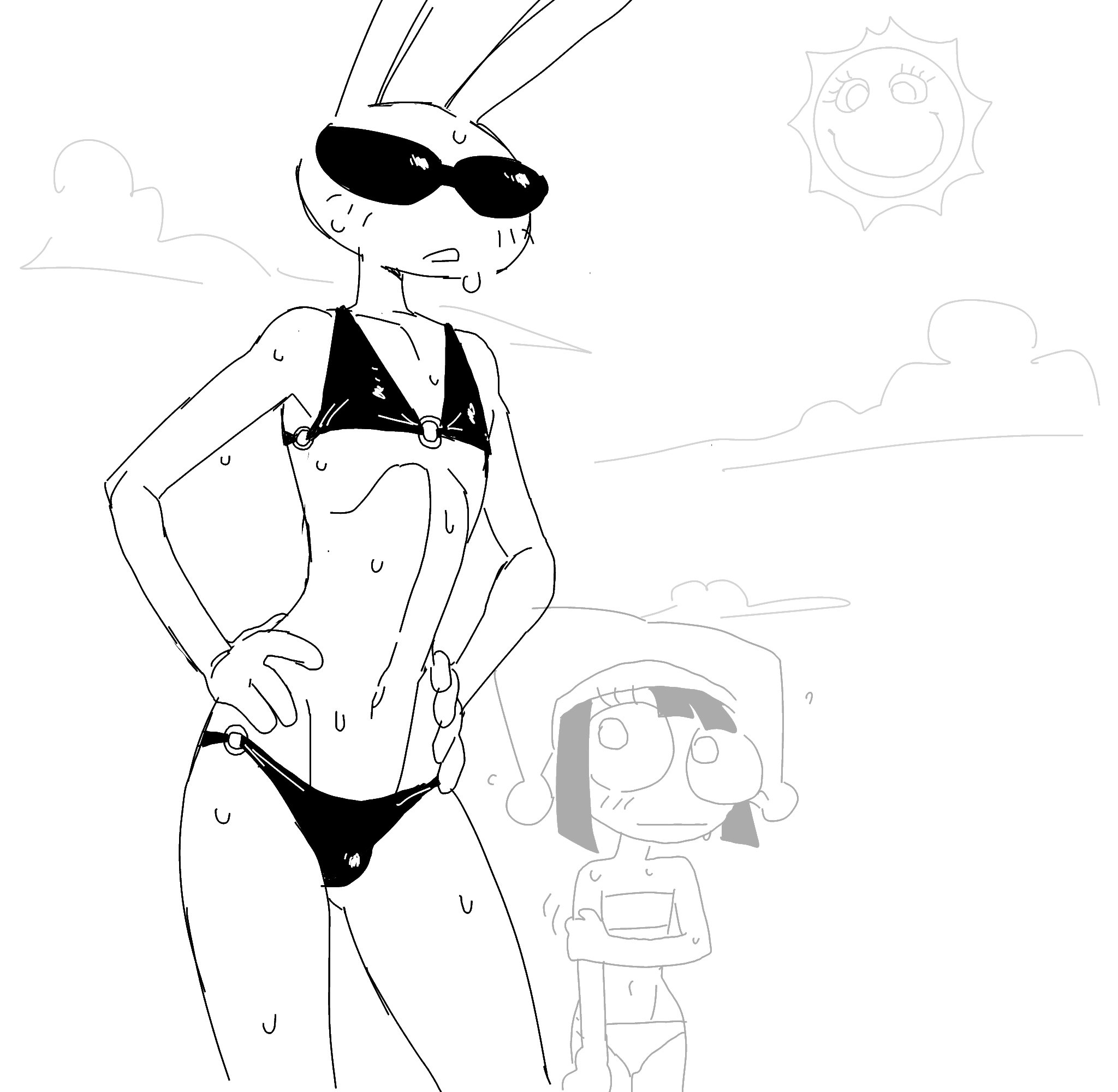1femboy, 1girls, bikini, bulge through clothing, crossdressing, dagothurfanclub, dogrush, female, femboy, femboy focus, glitch productions, jax (the amazing digital circus), male, nervous, pomni (beach outfit), pomni (the amazing digital circus), string panties, sun, sun (the amazing digital circus), sunglasses, sweat, swimsuit, tadc, the amazing digital circus