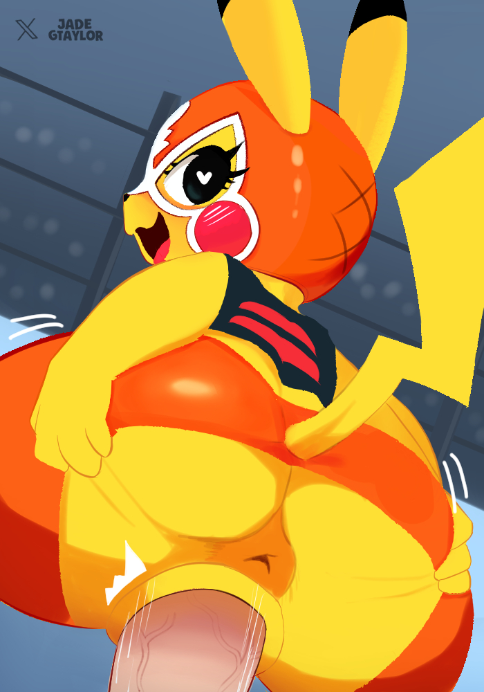 anthro, anthro on human, anus visible, ass jiggle, bareback, blush, cosplay pikachu, creampie imminent, drooling, exaggerated expression, exposed anus, female, female penetrated, fucked silly, furry, heart eyes, humanoid dick, looking back, male, monster girl, motion lines, no condom, orgasm face, penis, pikachu, pikachu libre, pokemon, pokemon girl, pokephilia, pussy, pussy penetration, riding, tail up, thick dick, tongue out, vaginal, vaginal penetration, vaginal sex, wet pussy
