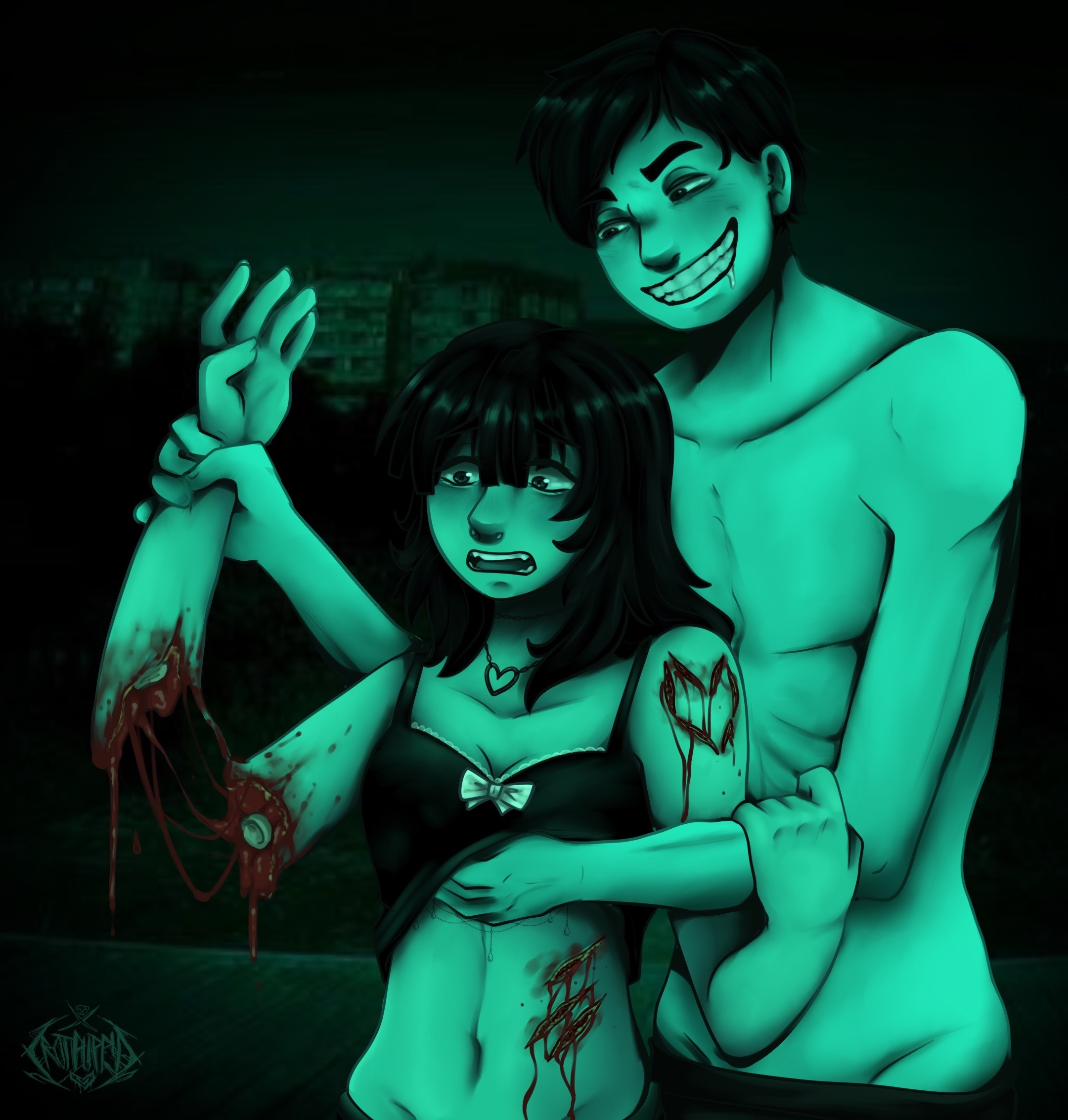 amputated arm, amputation, blood drip, blood stain, blush, cute style, cuts, cuts on chest, dominant male, gore, grabbing wrist, green tint, guro, hand under clothes, heart scar, holding arm, horror, killer, limb removal, male, night, ninah, no, i'm not a human, pale visitor, porch, ripped arm, ryona, skinwalker, strong male, surprised, teeth showing, visible bone, wide smile, yumeship, yumeshipping
