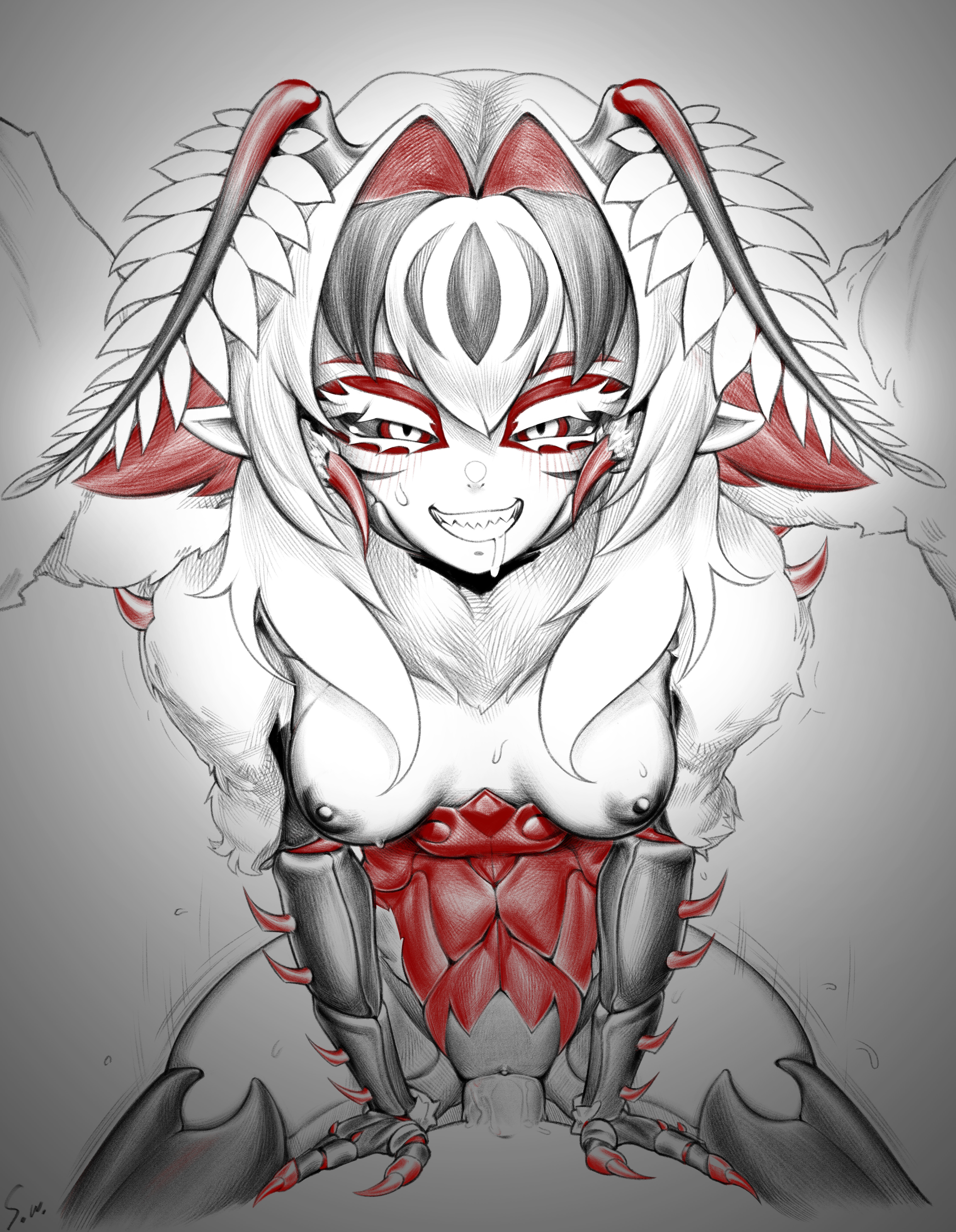 alyx (arialyxiah) (vtuber), arthropod abdomen, arthropod girl, arthropod humanoid, beetle, beetle girl, beetle humanoid, breasts, cowgirl position, fangs, female, fuzzy, indie virtual youtuber, moth, moth girl, moth humanoid, movement lines, multi arm, multi limb, pov eye contact, pov sex, sedua weynn, sharp claws, sharp teeth, virtual youtuber, vtuber