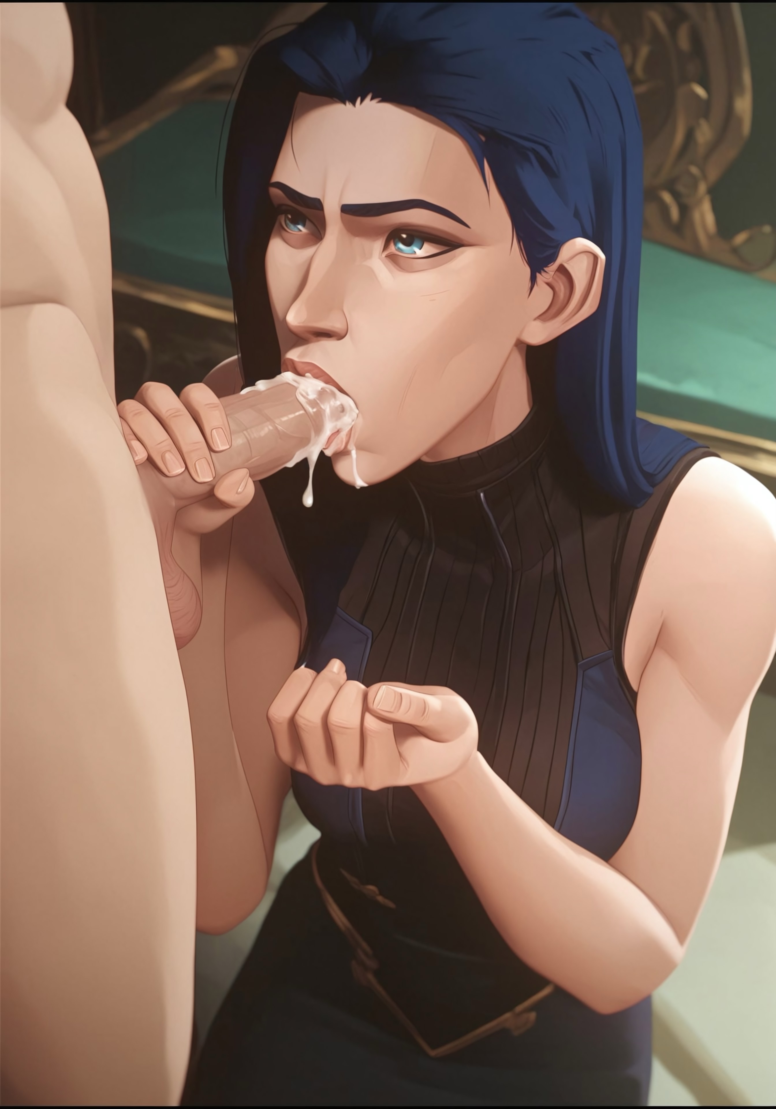 ai generated, arcane, blowjob, blue hair, caitlyn kiramman, cum in mouth, female, league of legends, male, netflix, penis, sucking penis