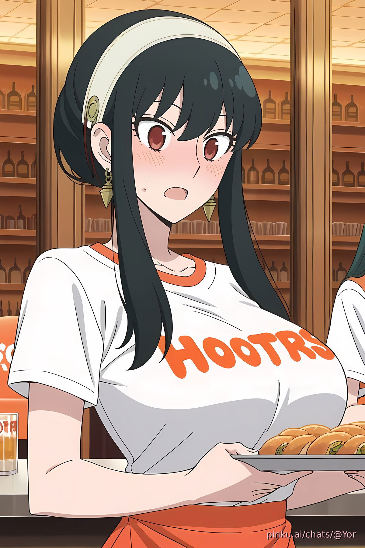 ai generated, big breasts, black hair, breasts, female, food, hooters, hooters (parody), hooters uniform, lv99slime, orange shorts, restaurant, servant, serving tray, spy x family, t-shirt, waitress, yor briar, yor forger