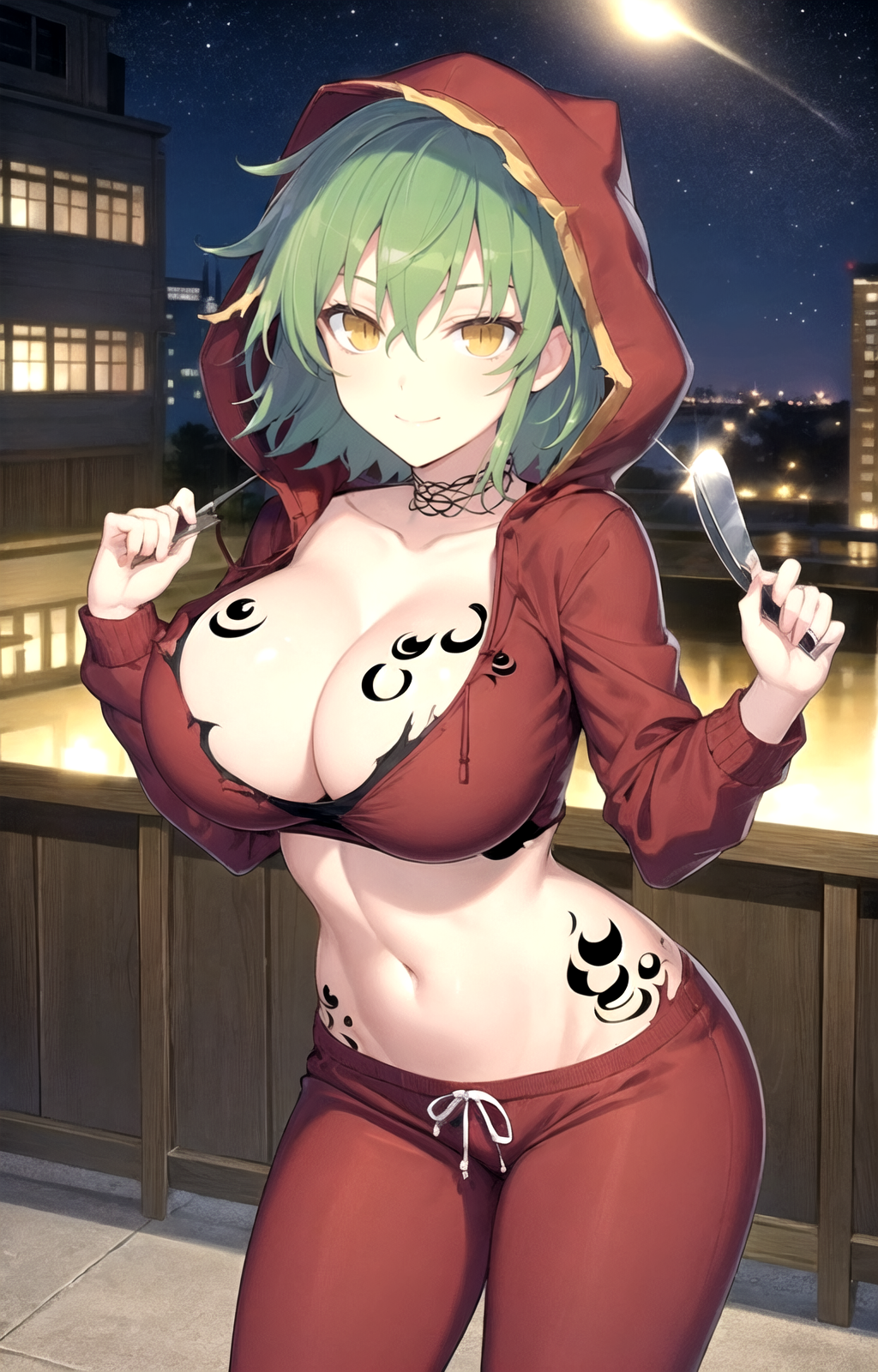 ai_generated balcony blush bra breast_tattoo breasts building champagne_flute choker city city_lights cityscape cleavage closed_mouth collarbone contrapposto cowboy_shot crop_top cropped_jacket cup drawstring drinking_glass female glint green_hair groin hair_between_eyes hands_up hikage_(senran_kagura) holding holding_cup hood hood_up hooded_jacket hoodie jacket knife lamppost large_breasts long_sleeves looking_at_viewer midriff moon navel night night_sky open_clothes open_jacket outdoors pants pixiv railing red_jacket red_pants red_shirt rena_aikawa_(pixiv_user) rooftop senran_kagura senran_kagura_(series) shirt short_hair sidelocks sky slit_pupils smile solo stable_diffusion standing star_(sky) starry_sky stomach stomach_tattoo tagme tattoo thighs track_pants underwear wine_glass yellow_eyes