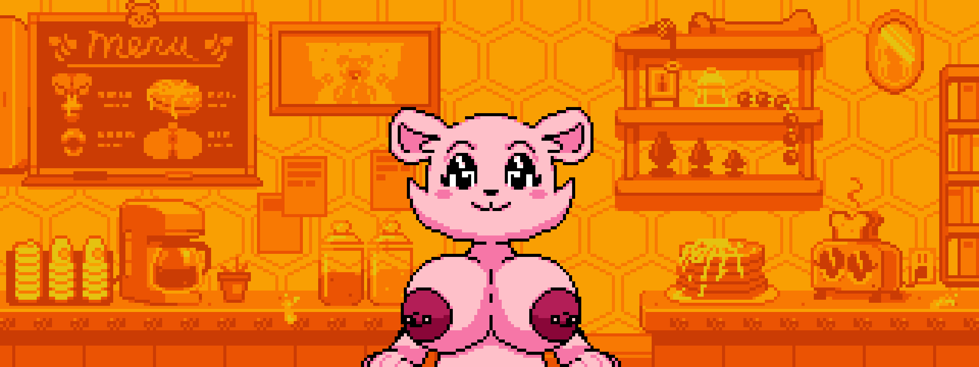 1girls accurate_art_style alternate_version_at_source big_breasts edit female furry giant_breasts honeydew_shopkeeper memebean1 nude pierced_nipples pink_fur pixel_art sex_toys solo_female undertale undertale_yellow used_condom