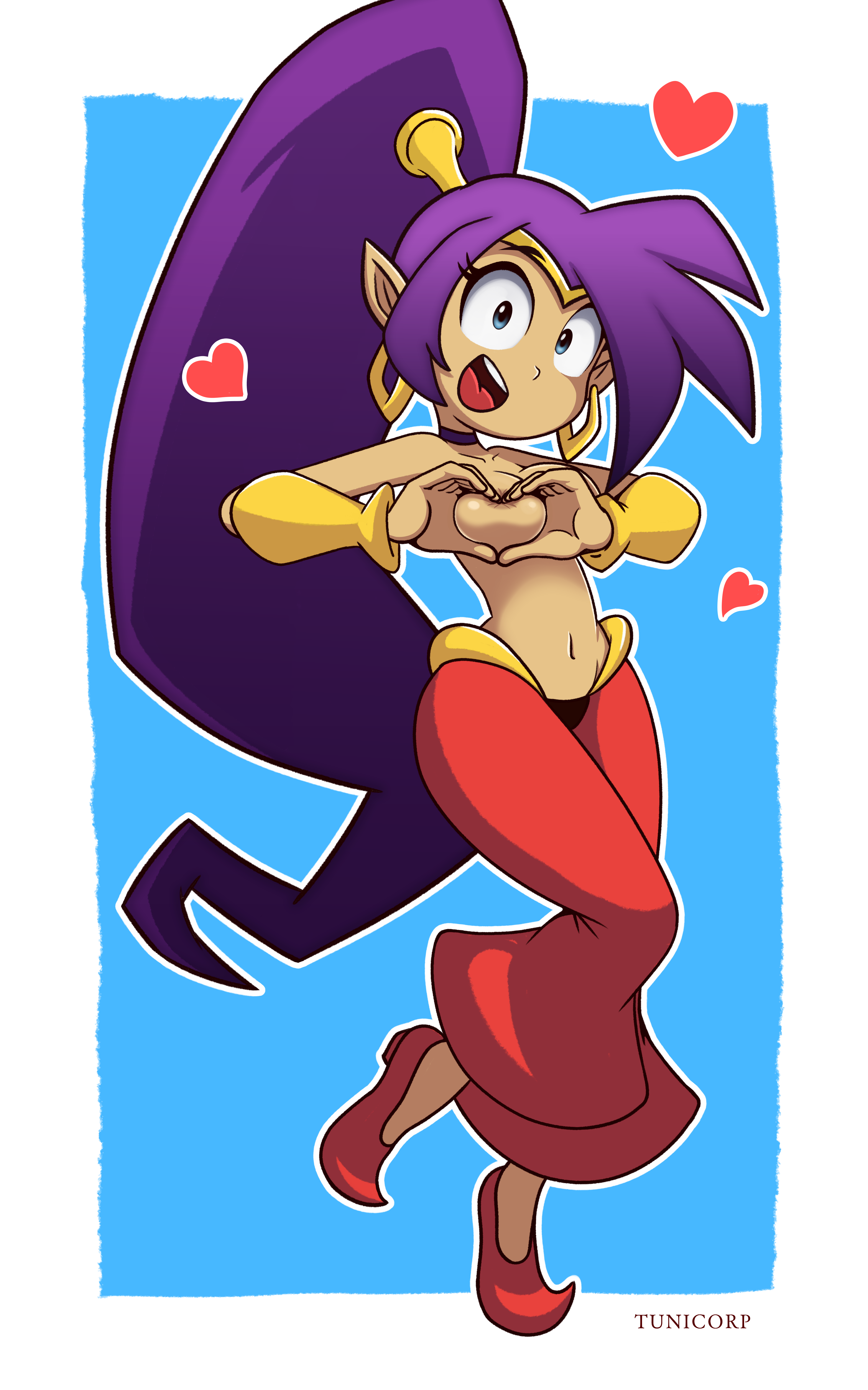 breasts, female, female only, nipples, presenting breasts, purple hair, shantae, shantae (character), smile, smiling, smiling at viewer, tunicorp