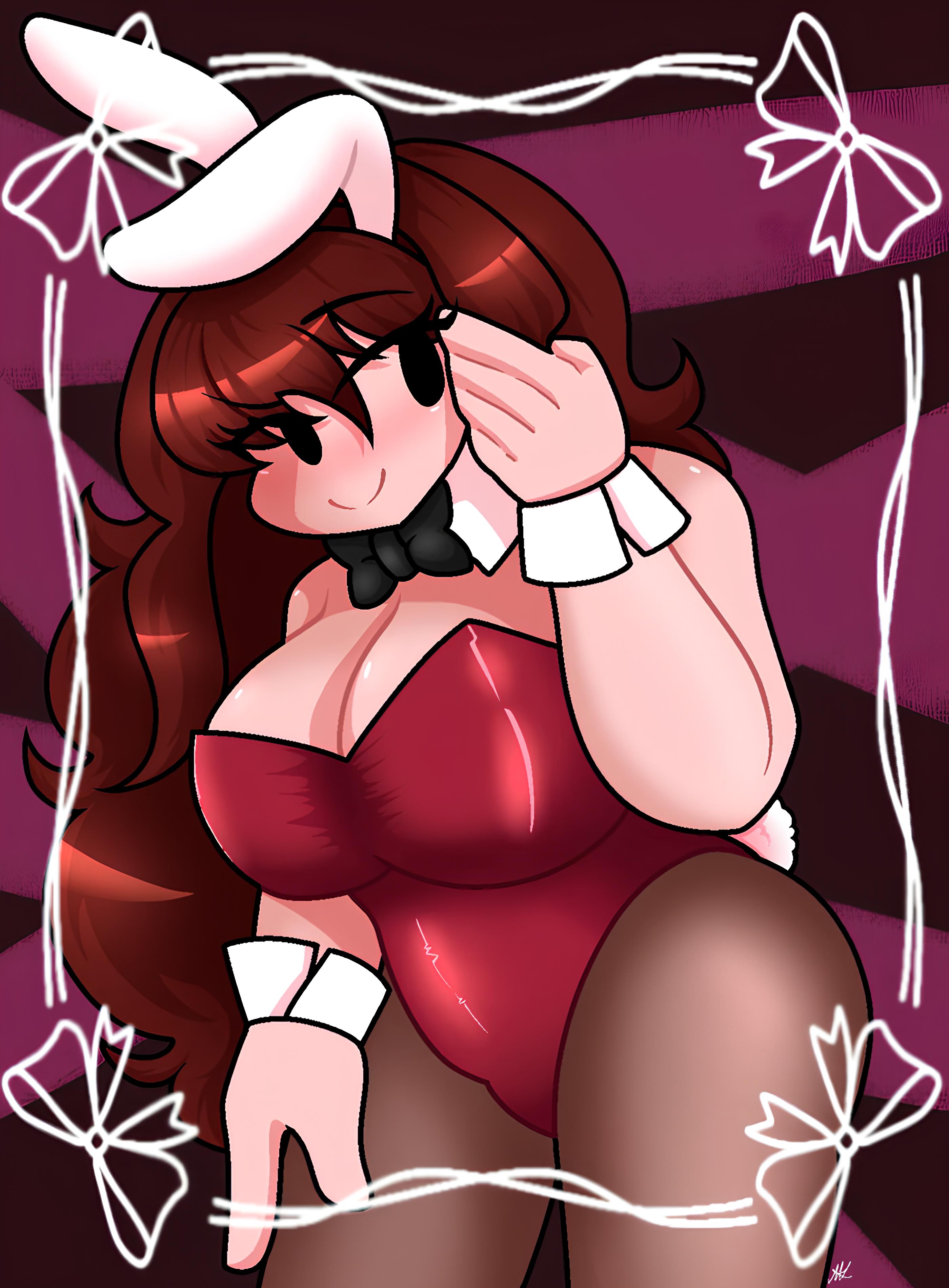 ai upscaled, brown hair, bunnysuit, female, friday night funkin, girlfriend (friday night funkin), pantyhose, tagme