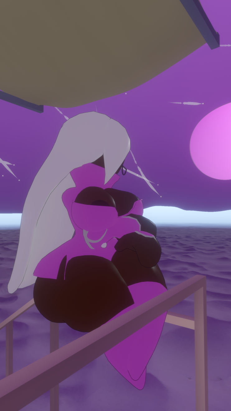 abstract_background(?) dark_skinned_female floating_hands hands_in_lap itscrumpus kirby_(series) long_hair looking_away_from_viewer nipple_peek no_feet purple_clothing sitting_on_railing snow susanna_patrya_haltmann susie_(kirby) vrchat vrchat_avatar white_hair