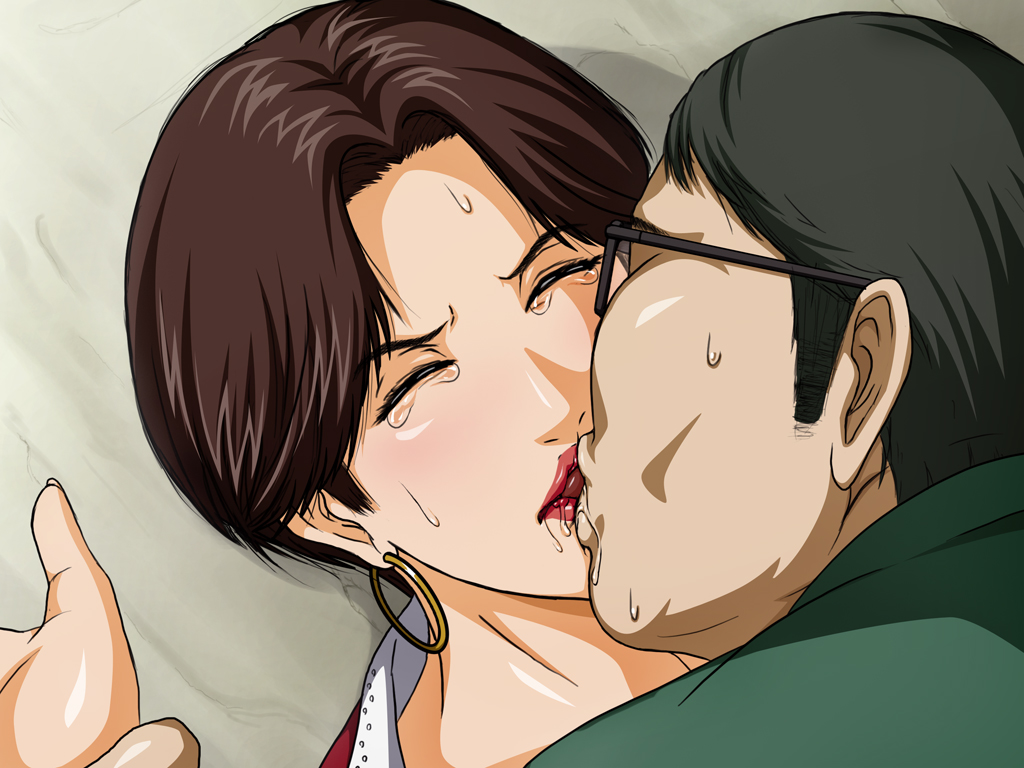 1boy aida_yayoi blush brown_hair closed_eyes earrings female forced hoop_earrings jewelry kissing lipstick negurie rape red_lipstick short_hair slam_dunk straight sweat tears ugly_man