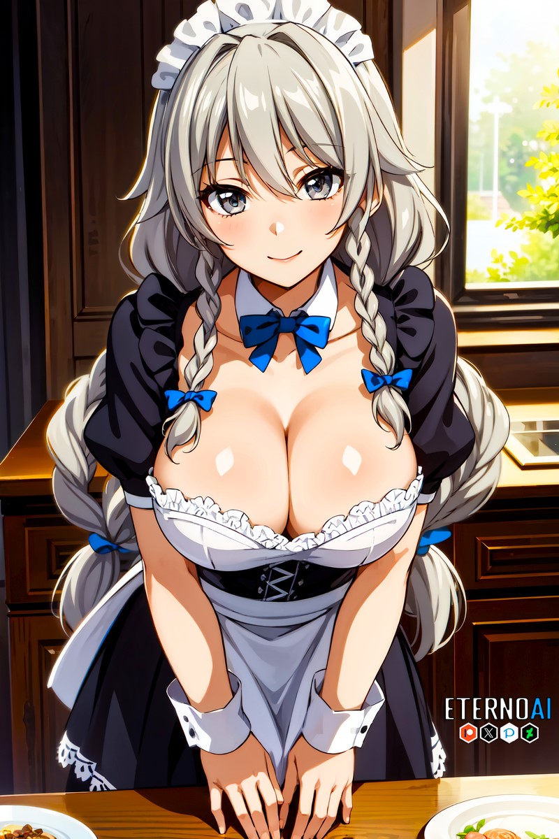 1girls ai_generated alluring anime anime_style apron babe bangs beautiful beautiful_females blue_ribbon blush cleavage day demon demon_girl divine_beauty eternoai female garden grayfia_lucifuge grey_hair hair_ribbon high_school_dxd high_school_student kitchen large_breasts looking_at_viewer maid maid_uniform powerful ribbon seductive_look service sexy smile smiling_at_viewer solo_focus sultry_eyes tree twintails voluptuous voluptuous_female window wood