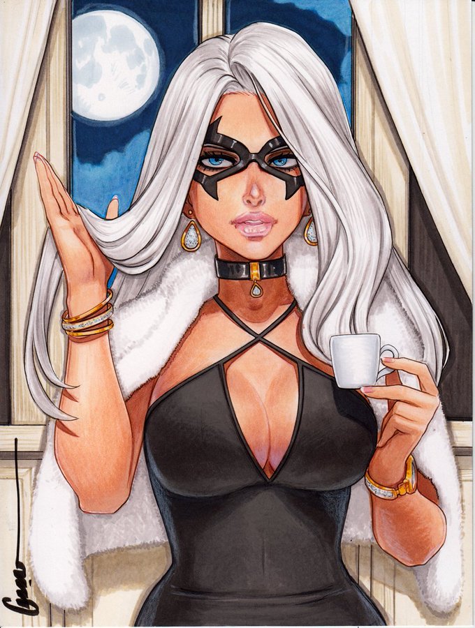 1girls black_cat_(marvel) black_dress blue_eyes choker coffee earrings felicia_hardy fur_coat low_res lowres marvel marvel_comics mask omar_dogan pink_lipstick spider-man_(series) white_hair