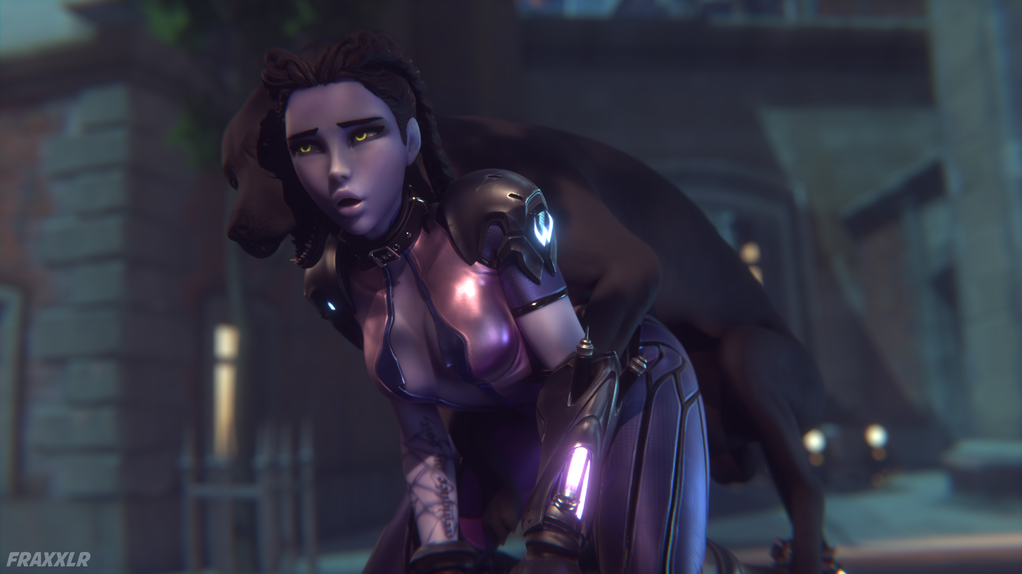 3d, blender, canine, collar, doggy style, domestic dog, female, feral, feral on female, feral on human, fraxxlr, glowing eyes, knot, overwatch, overwatch 2, sex, suit, widowmaker, yellow eyes, zoophilia