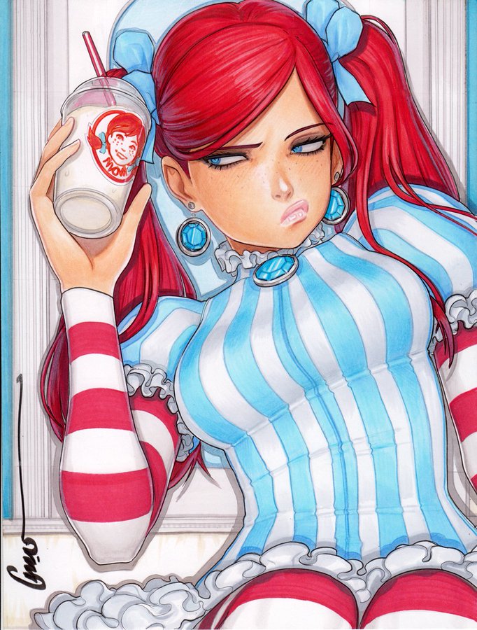 1girls aged_up blue_eyes earrings ice_cream omar_dogan red_hair striped_clothing wendy_thomas