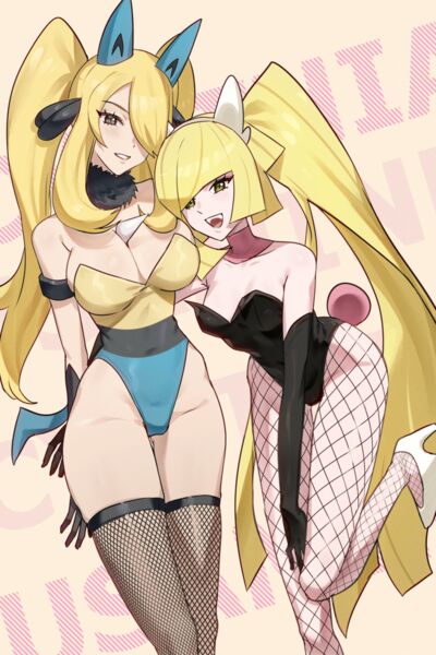 2girls bewear_(cosplay) cosplay cynthia_(pokemon) female fishnets high_heels lucario lucario_(cosplay) lusamine_(pokemon) pokemon pokemon_(cosplay) pokemon_dppt pokemon_sm