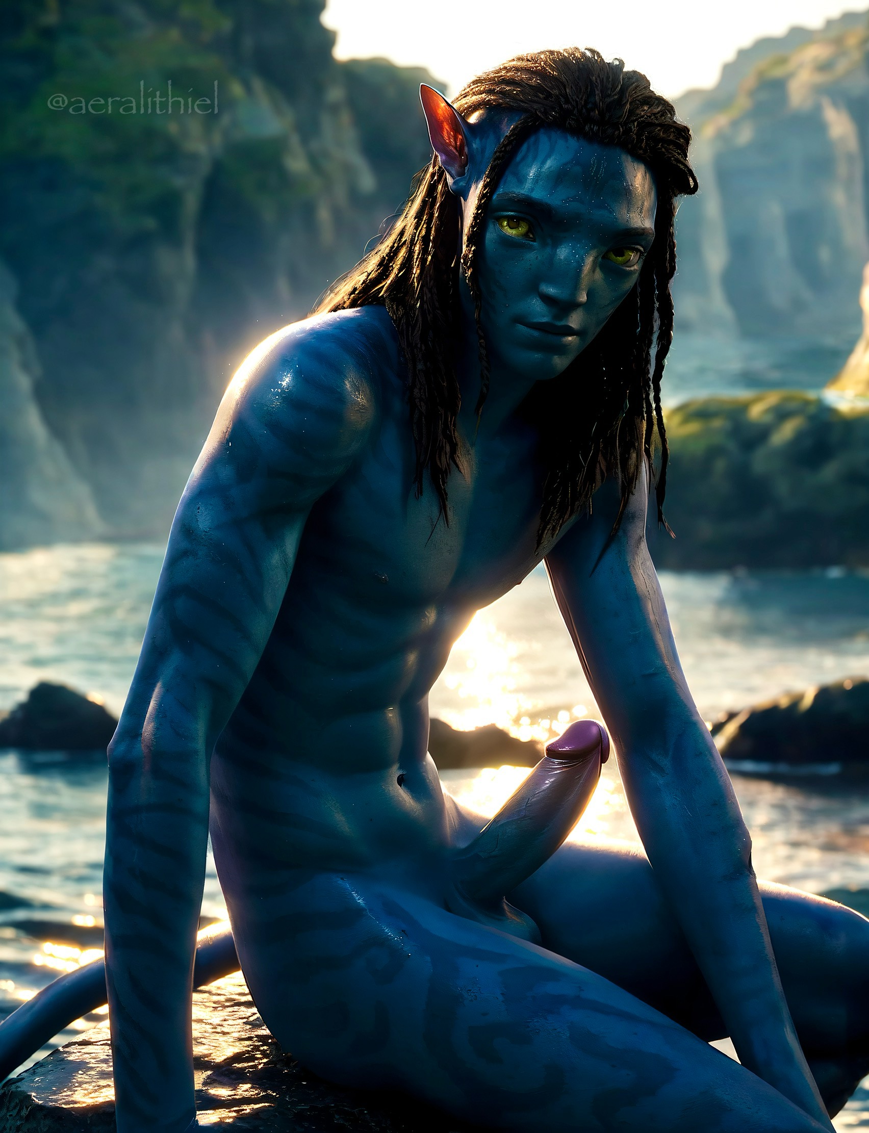 aeralithiel, ai generated, avatar, avatar: the way of water, black hair, blue skin, gay, lo'ak, male, naked, yaoi