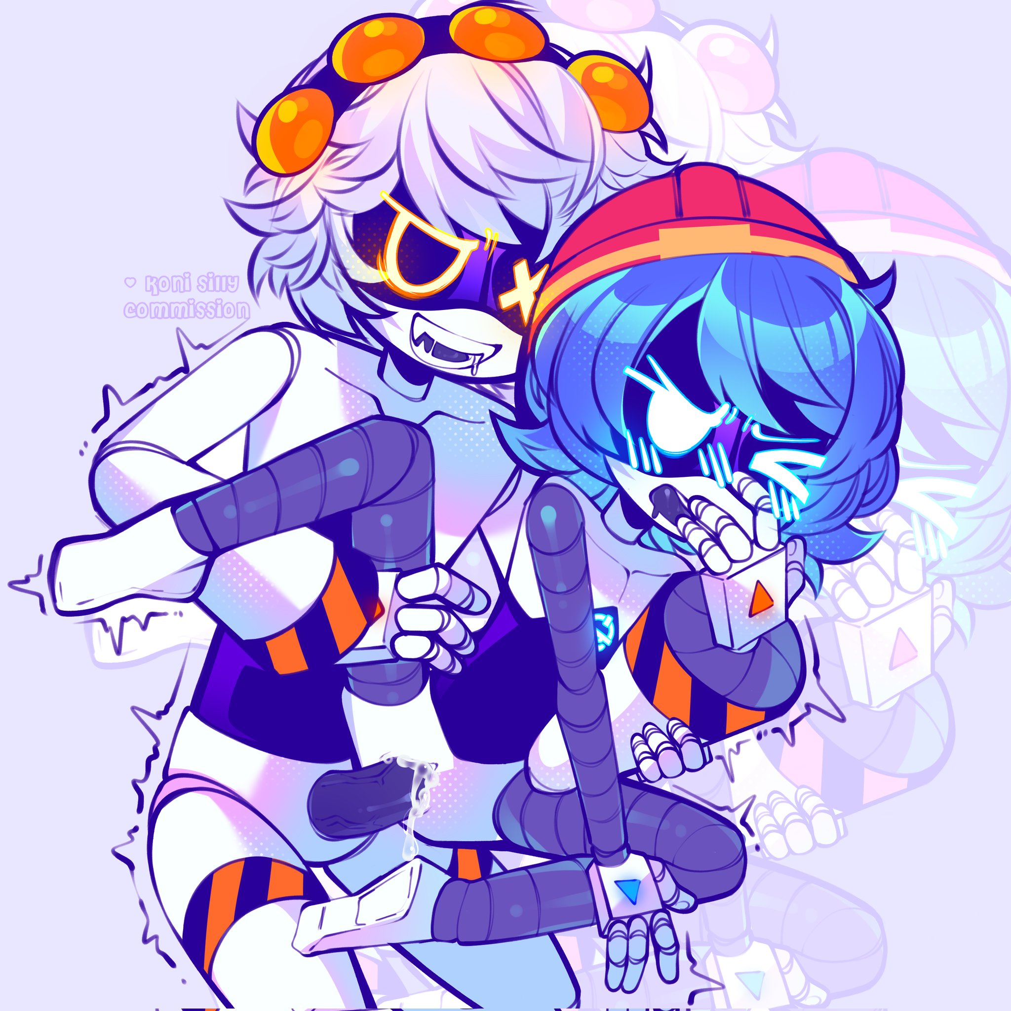 1boy, 1girls, artist name, blue eyes, blue hair, blush, cum, cum in pussy, cum inside, dripping cum, drooling, female, glitch productions, horny koni, lifting person, male, murder drones, n (murder drones), nude, nude female, nude male, penetration, pussy, rebecca (murder drones), robot boy, robot girl, robot humanoid, sex, sex from behind, shaking, silver hair, straight, straight sex, watermark