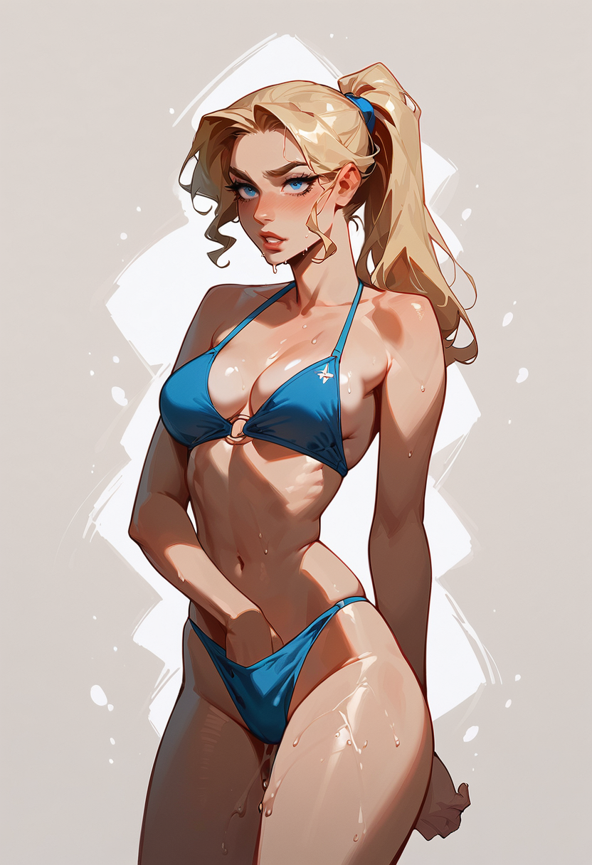 2d ai_generated bikini blonde_hair blue_bikini female summer_vibes wet_skin