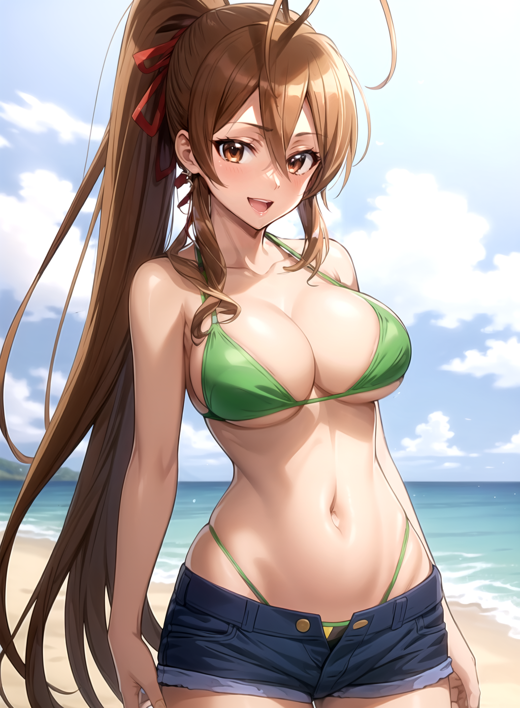 1girl :d ahoge ai_generated antenna_hair arms_at_sides bare_arms bare_shoulders beach bikini bikini_under_clothes blue_shorts blue_sky blush breasts brown_eyes brown_hair cleavage cloud collarbone cowboy_shot crossed_bangs cutoffs day denim denim_shorts earrings female green_bikini hair_between_eyes hair_ribbon halterneck high_ponytail highleg highleg_bikini highschool_of_the_dead horizon jewelry large_breasts long_hair looking_at_viewer micro_shorts navel no_shirt ocean open_fly open_mouth outdoors pixiv ponytail red_ribbon rei_miyamoto rena_aikawa_(pixiv_user) ribbon sand short_shorts shorts sidelocks skindentation sky smile solo stable_diffusion standing stomach strap_gap string_bikini swimsuit tagme teeth thighs unbuttoned underboob upper_teeth_only very_long_hair water