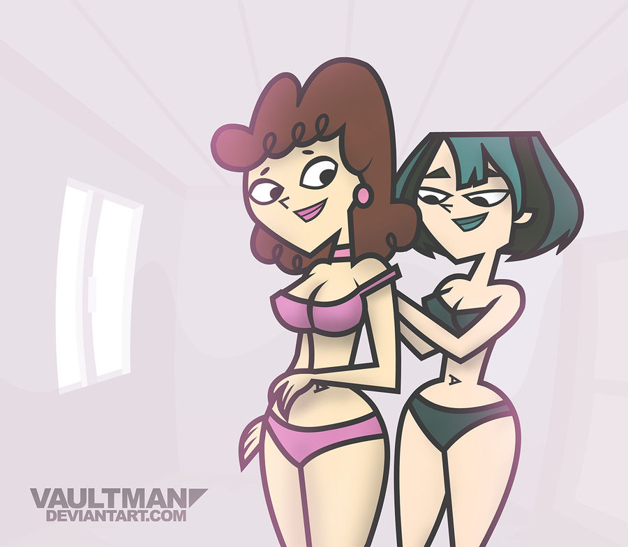 2girls accurate_art_style artist_name black_bra black_panties bra bra_strap bra_strap_down brown_hair gwen's_mom gwen_(tdi) milf mother_and_daughter panties pink_bra pink_panties total_drama_island underwear undressing_another vaultman