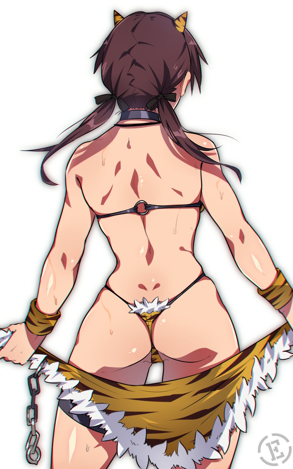 1girls ass back bitch em_(totsuzen_no_hakike) gertrud_barkhorn micro_bikini oni_horns strike_witches tiger_print tiger_print_bikini twintails world_witches_series