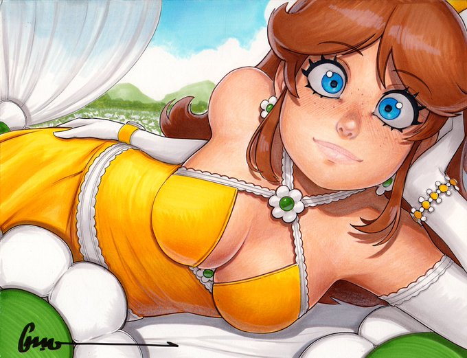 blue_eyes brown_hair freckles large_breasts laying_down looking_at_viewer mario_(series) not_porn omar_dogan princess_daisy sfw smiling yellow_dress