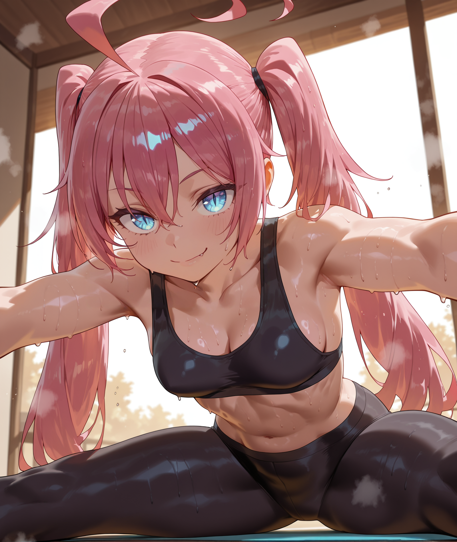 ahoge, ai generated, armpits, bangs, bare shoulders, black bra, black clothes, black pants, black sports bra, black underwear, blue eyes, blush, bra, breasts, clavicle, cleavage, closed mouth, clothing, collarbone, dripping, exercise, fang out, female, female only, gym, hair between eyes, indoors, large breasts, long hair, looking at viewer, medium breasts, midriff, milim nava, navel, oerba yun fang, outstretched arms, pants, pink hair, ponytail, sitting, slit pupils, small breasts, smile, solo, sports bra, sportswear, spread legs, steaming body, stomach, sweat, tensei shitara slime datta ken, thighs, twintails, underwear, very long hair, wet, yoga pants