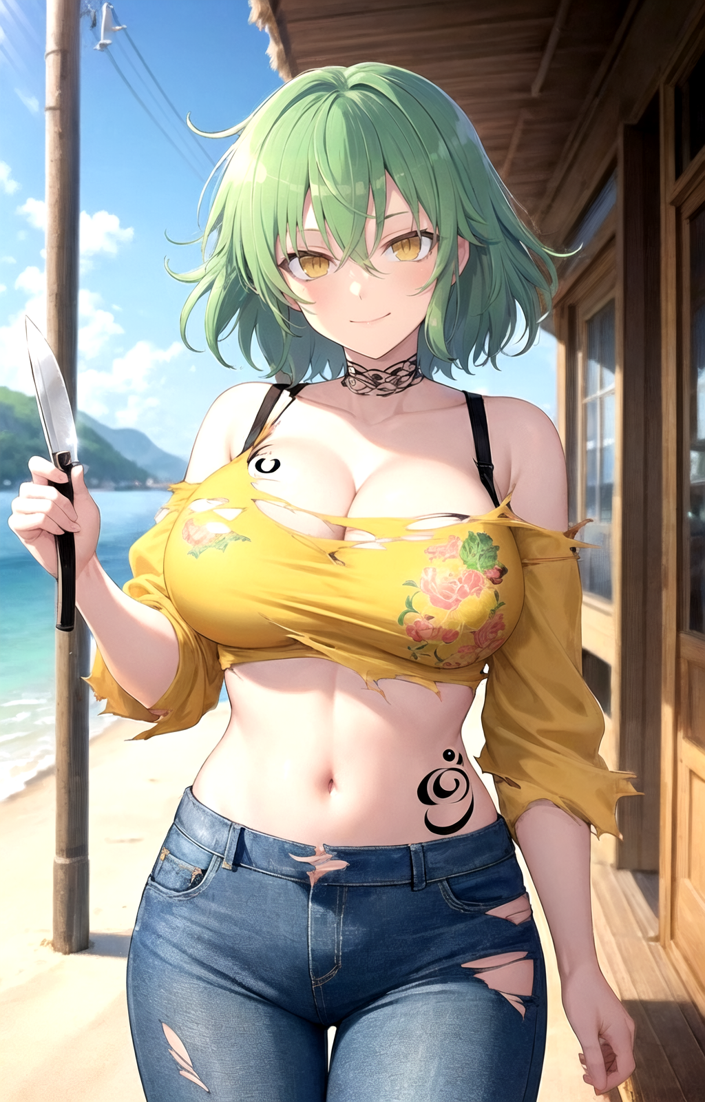 1girl ai_generated bare_shoulders beach black_bra black_choker blue_pants blue_sky blush bra bra_strap breast_tattoo breasts choker cleavage closed_mouth cloud collarbone cowboy_shot crop_top day denim female floral_print green_hair hair_between_eyes hikage_(senran_kagura) holding holding_knife holding_weapon jeans knife large_breasts long_sleeves looking_at_viewer midriff navel ocean off-shoulder_shirt off_shoulder outdoors pants pixiv rena_aikawa_(pixiv_user) sand senran_kagura senran_kagura_(series) shirt short_hair sky slit_pupils smile solo stable_diffusion standing stomach tagme tattoo thigh_gap thighs torn_clothes torn_jeans torn_pants torn_shirt underwear water weapon yellow_eyes yellow_shirt