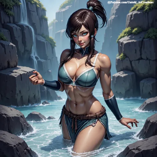 1girls ai_generated bra cleavage dark-skinned_female dark_skin female female_only korra looking_at_viewer outdoors outside solo solo_female standing the_legend_of_korra underwear untoldaicreations untoldcreate