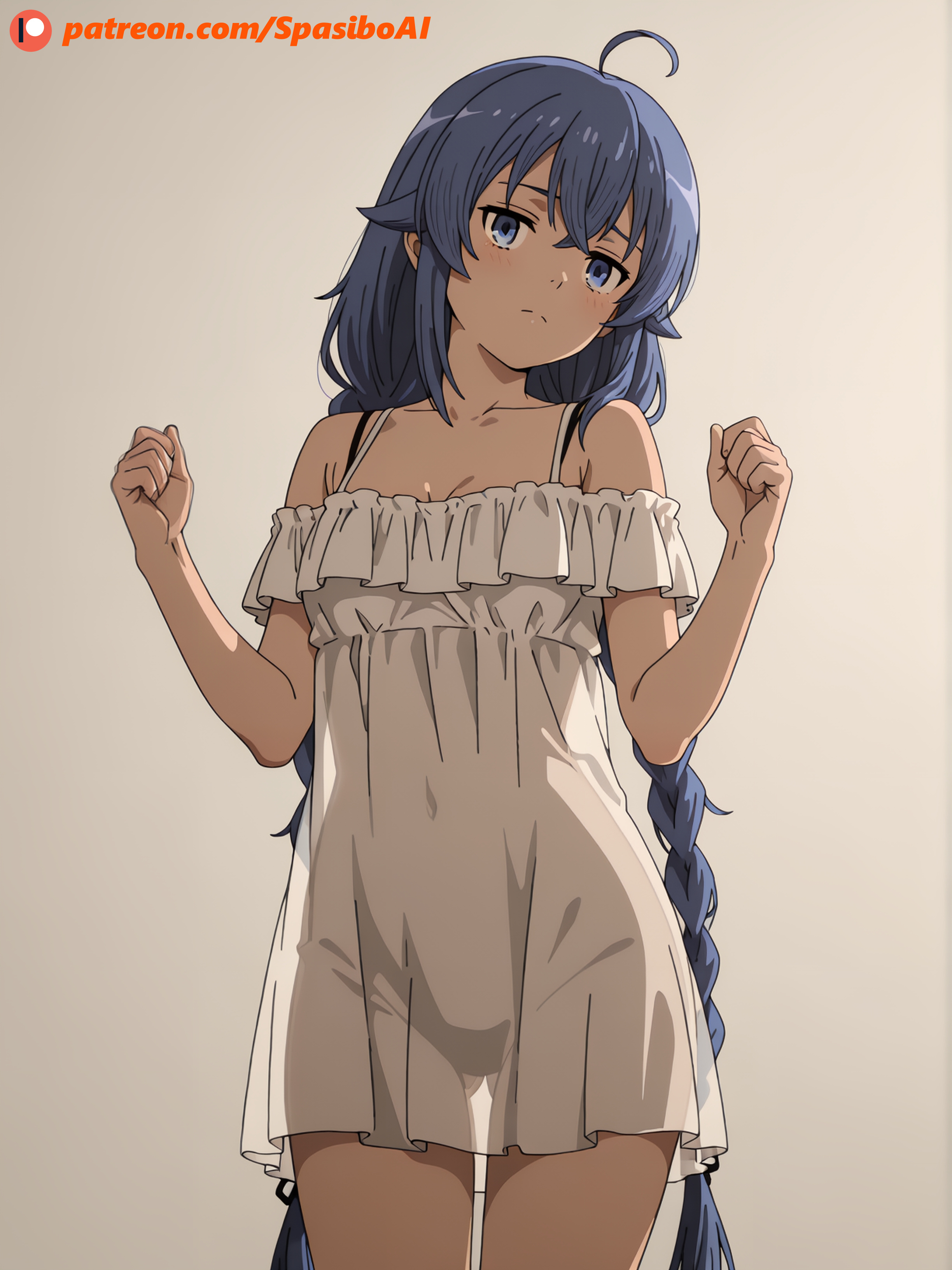 ahoge, ai assisted, ai generated, bare shoulders, black panties, blue eyes, blue hair, braid, breasts, closed mouth, collarbone, cowboy shot, crossed bangs, dress, female, frilled dress, hair between eyes, long hair, looking at viewer, mushoku tensei, mushoku tensei: isekai ittara honki dasu, off shoulder, off-shoulder dress, panties, roxy migurdia, see-through, see-through dress, see-through silhouette, simple background, small breasts, solo, spasibo15, twin braids, underwear, very long hair, white dress