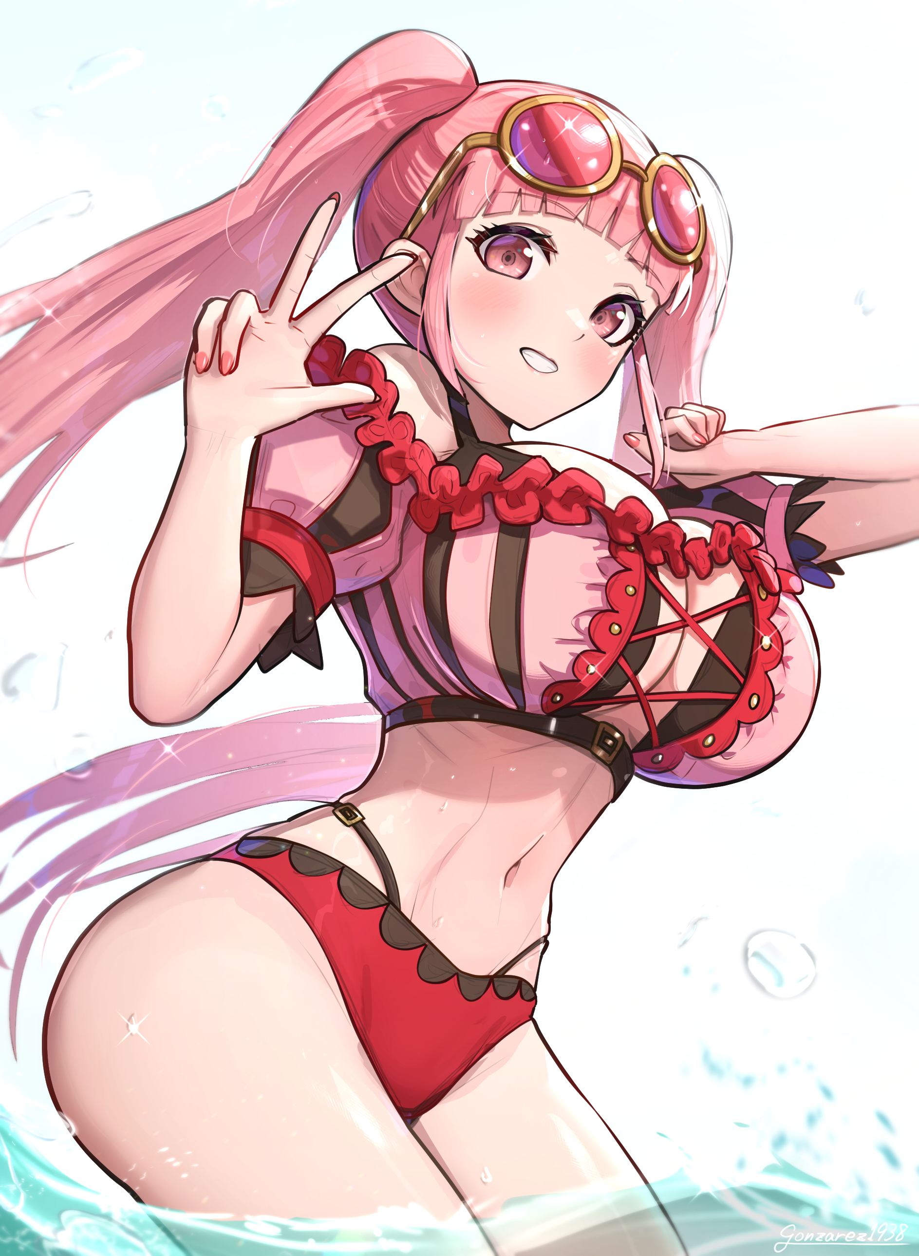 1girls, breasts, female, fire emblem, fire emblem: three houses, full body, gonzarez, gonzarez1938, hilda valentine goneril, hilda valentine goneril (summer), huge breasts, light skin, light-skinned female, pink eyes, pink hair, solo, solo female, twintails, very long hair, water, white background, wide hips