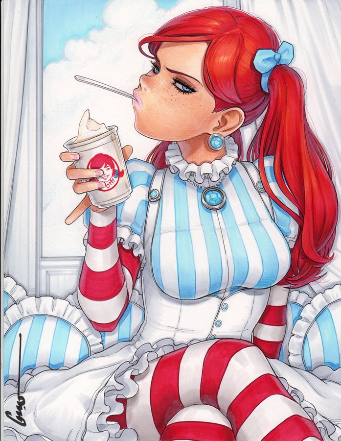 blue_eyes earrings freckles ice_cream light_skin omar_dogan pink_lipstick pinkie_out red_hair spoon wendy_thomas