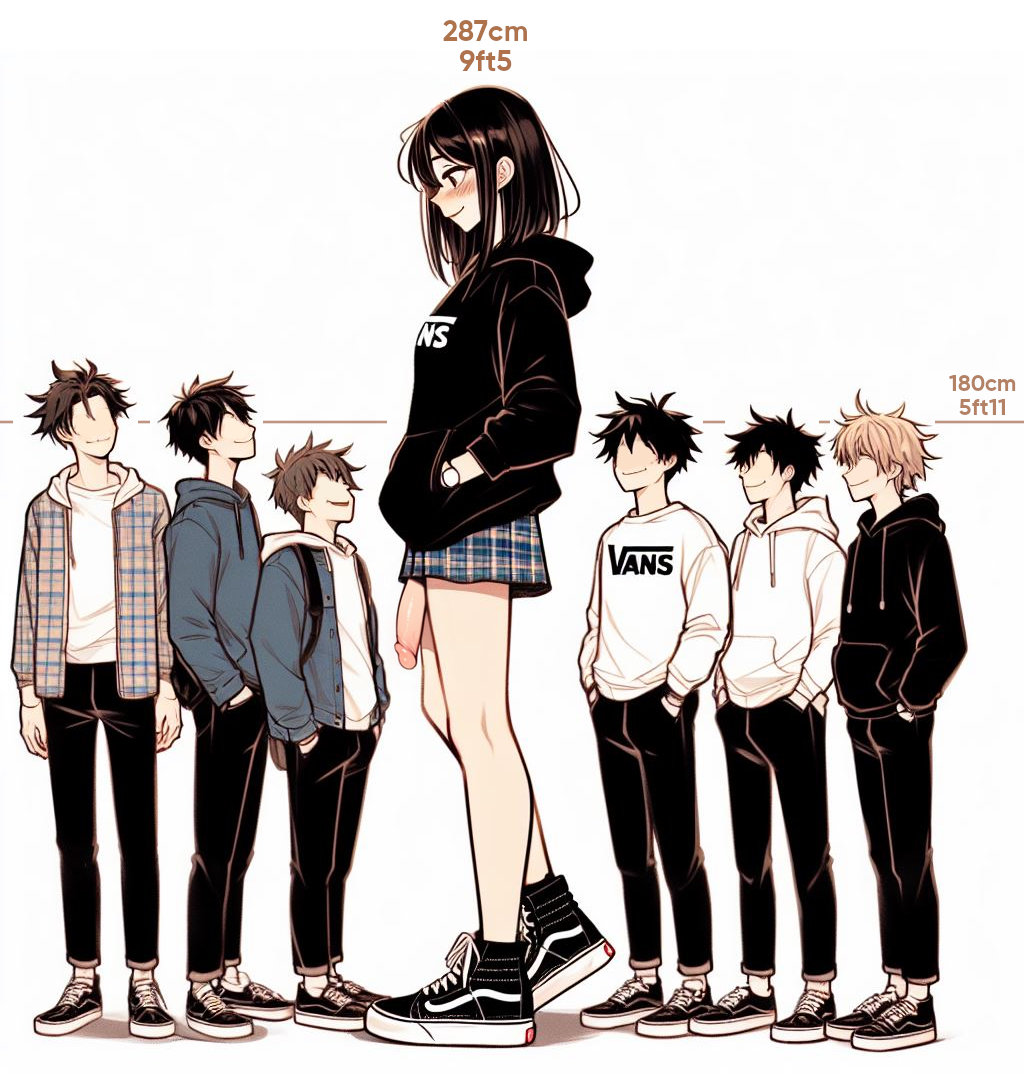 ai_generated black_hair blush flaccid_penis futa_is_bigger futa_with_male futadom futanari giantess height height_difference hoodie large_penis larger_futanari light-skinned_futanari light-skinned_male male penis public_nudity size_comparison size_difference skirt smaller_male sneakers spalela tall taller_girl vans