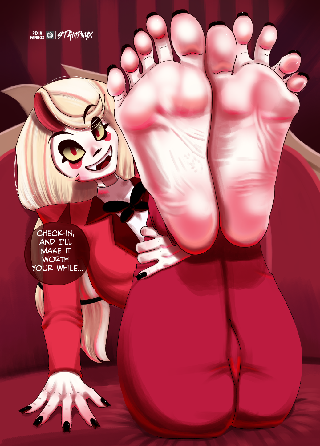 1girls 2d barefoot black_nails charlie_morningstar charlie_morningstar_(hazbin_hotel) clothed feet female female female_focus female_only foot_fetish foot_focus full_color hazbin_hotel long_nails long_toenails red_suit stampnyx suit tagme toes