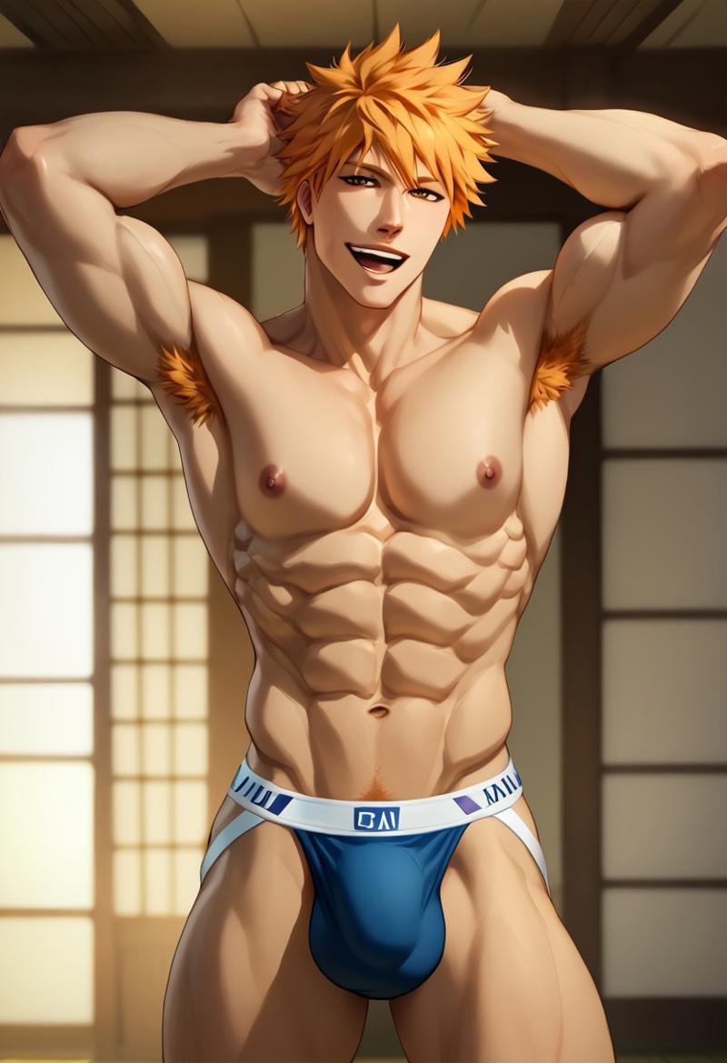 abs ai_generated armpit_hair arms_up biceps bleach blush brown_eyes gay ichigo_kurosaki jockstrap jockstrap_only looking_at_viewer male male_only muscular muscular_male nipples nude_male open_mouth orange_hair pecs smile toned_body toned_male twall97