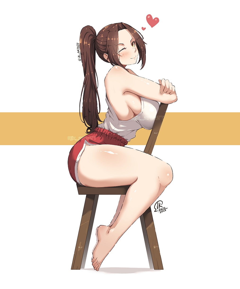 bare_legs bare_shoulders barefoot breasts brown_eyes brown_hair commentary dolphin_shorts feet female from_side heart highres jk jk_arts large_breasts legs long_hair looking_at_viewer mai_shiranui on_chair one_eye_closed pink_shirt ponytail shiranui_mai shirt shorts sideboob sitting solo street_fighter street_fighter_6 the_king_of_fighters toes twitter_username two-tone_background white_shirt