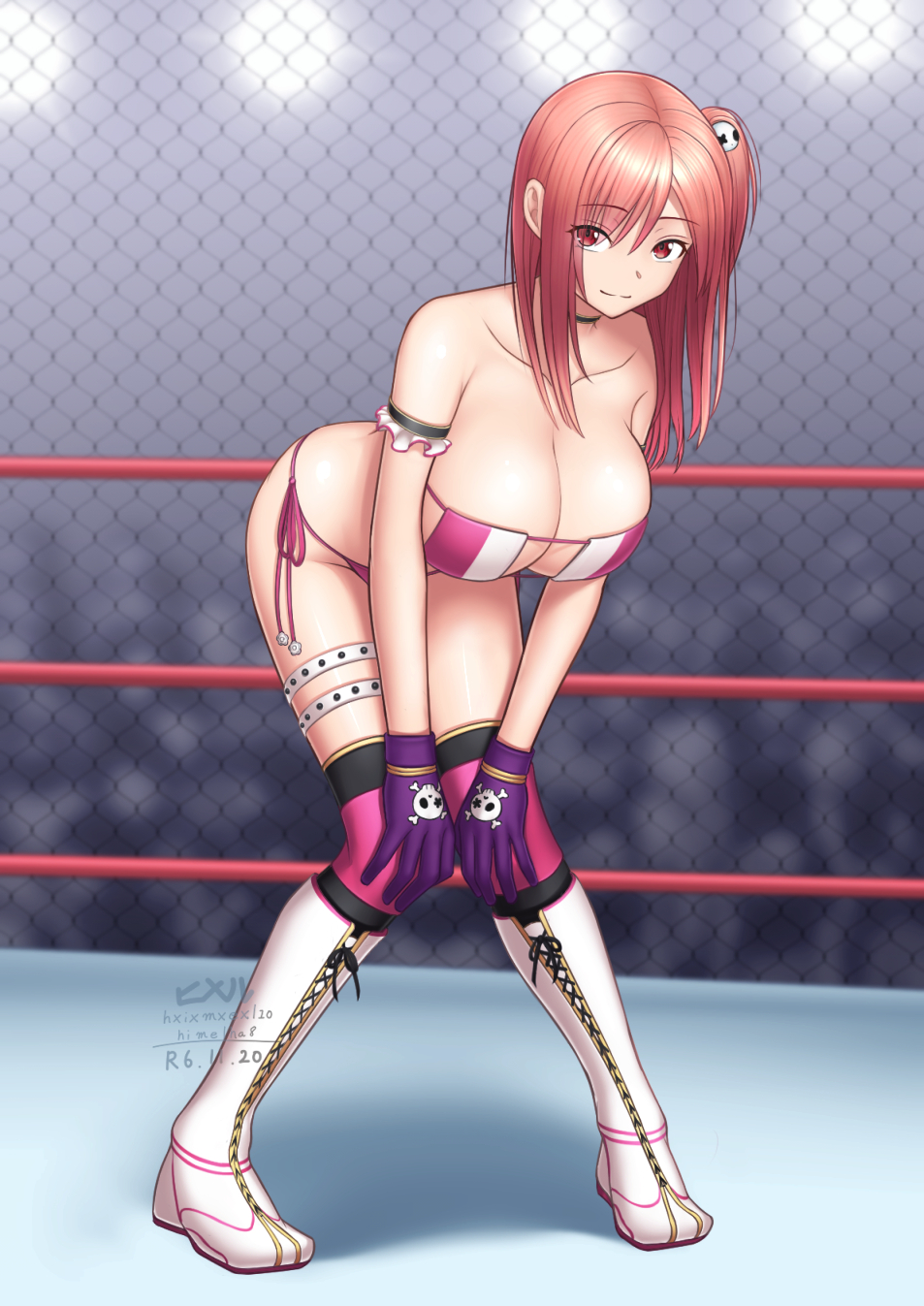 1girls armband big_breasts boots breasts choker cleavage dead_or_alive dead_or_alive_6 eyepatch_bikini female female_only frills gloves himel honoka_(doa) knee_pads pink_hair red_eyes ribbon side_ponytail solo standing string_panties thigh_strap wrestling_outfit wrestling_ring