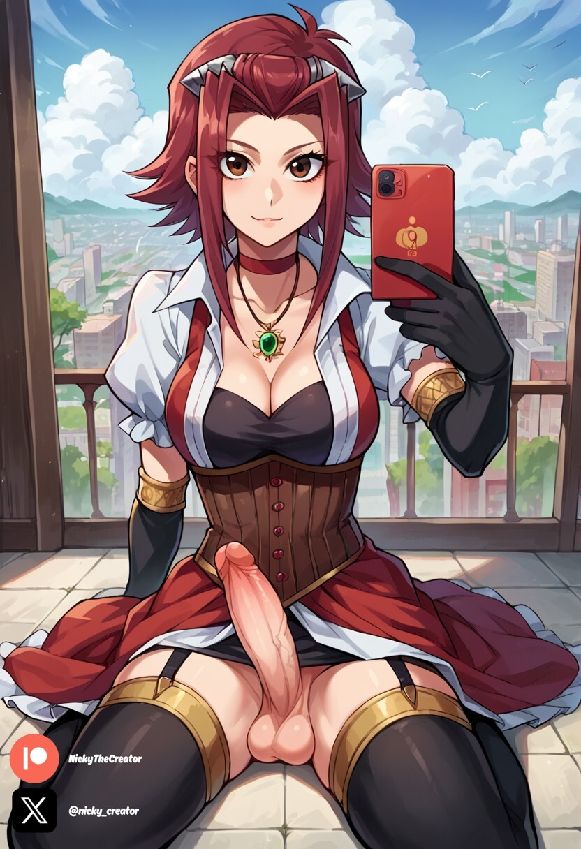 1futa ai_generated akiza_izinski breasts brown_eyes cock colored dick futa_only futanari futanari futanari/female light_skin light_skinned_futanari nickythecreator penis red_clothing red_eyes sexy sexy_body sexy_pose testicles veiny_penis yu-gi-oh!