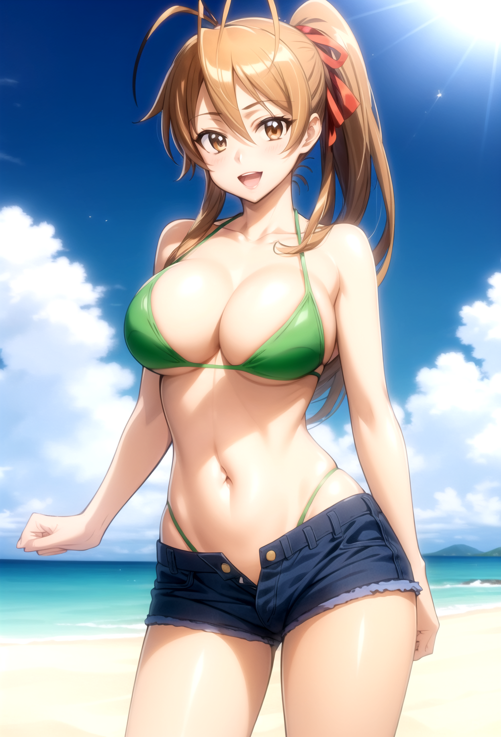 1girl :d ahoge ai_generated antenna_hair bare_arms bare_shoulders beach bikini bikini_under_clothes blue_shorts blue_sky blush breasts brown_eyes brown_hair cleavage cloud collarbone cowboy_shot cutoffs day denim denim_shorts female green_bikini hair_between_eyes hair_ribbon halterneck high_ponytail highleg highleg_bikini highschool_of_the_dead horizon large_breasts long_hair looking_at_viewer navel no_shirt ocean open_fly open_mouth outdoors pixiv ponytail red_ribbon rei_miyamoto rena_aikawa_(pixiv_user) ribbon sand shiny_skin short_shorts shorts sidelocks skindentation sky smile solo stable_diffusion standing stomach strap_gap string_bikini sun sunlight swimsuit tagme teeth thighs unbuttoned upper_teeth_only water